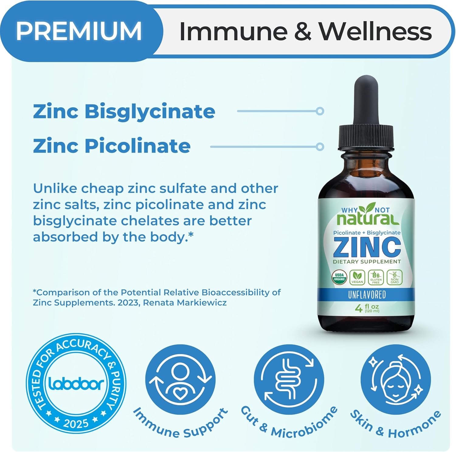 Organic Liquid Zinc Drops Supplement with Chelated Picolinate and Bisglycinate, Vegan
