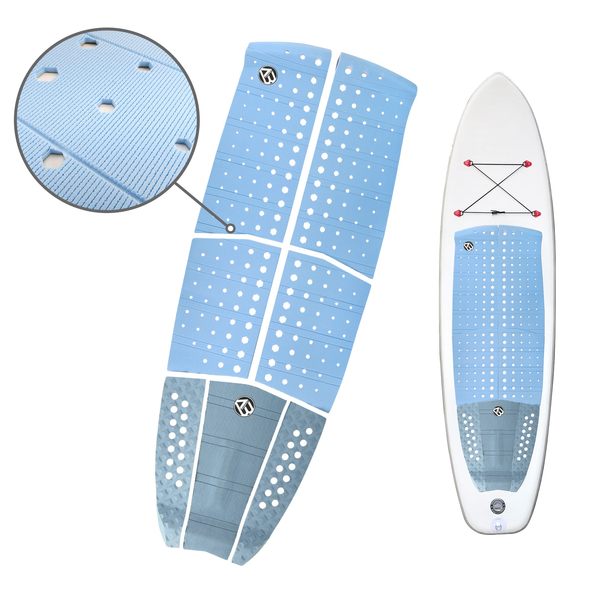 AQUBONA Juego de 7 piezas de EVA de alto rendimiento para tabla de surf, tabla de surf de remo, almohadilla de tracción, almohadillas de cola, blanco y azul