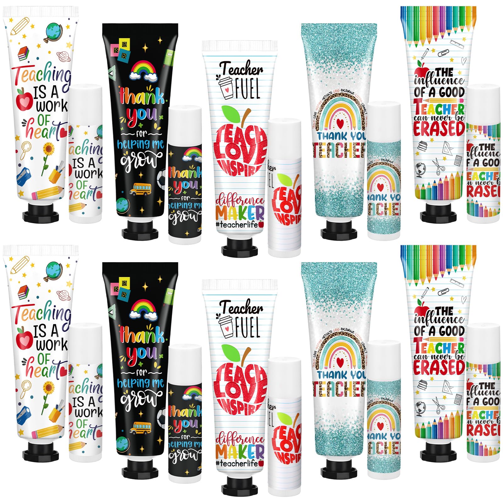 Loopeer 10 Sets/ 20 Pcs Teacher Appreciation Gifts Bulk 5 Style Travel Size Lip Balm and Hand Cream End of Year Gift Sets for Teacher Staff Team Woman Man Office Supplies Back to School Party Favors