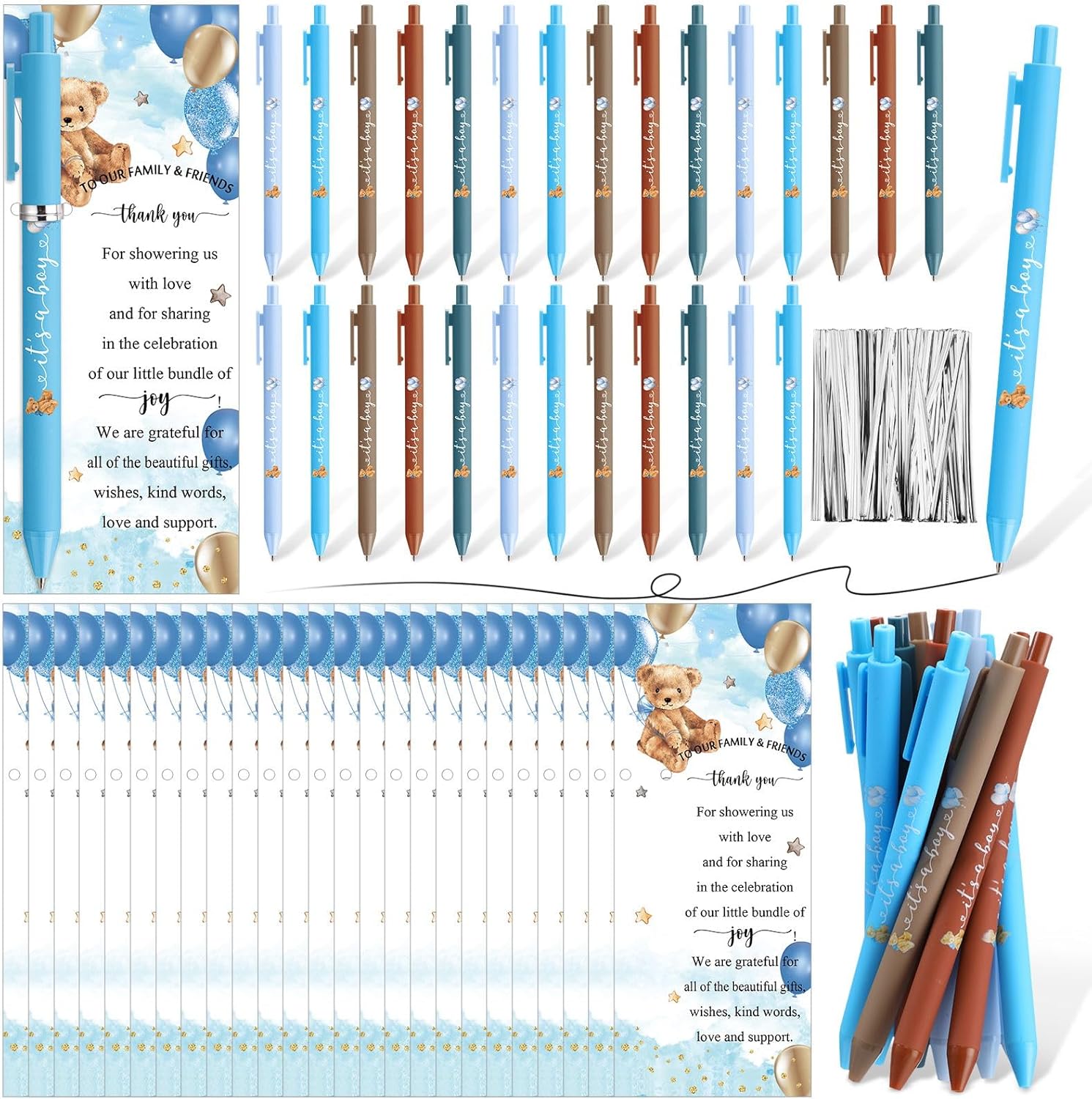 Engrowtic 50 Set Baby Shower Gifts Pens for Guests Bulk Baby Shower Party Favors Retractable Ballpoint Pens with Thank You Cards Gender Reveal Souvenirs Prizes Supplies Return Gifts (Bear Balloon)
