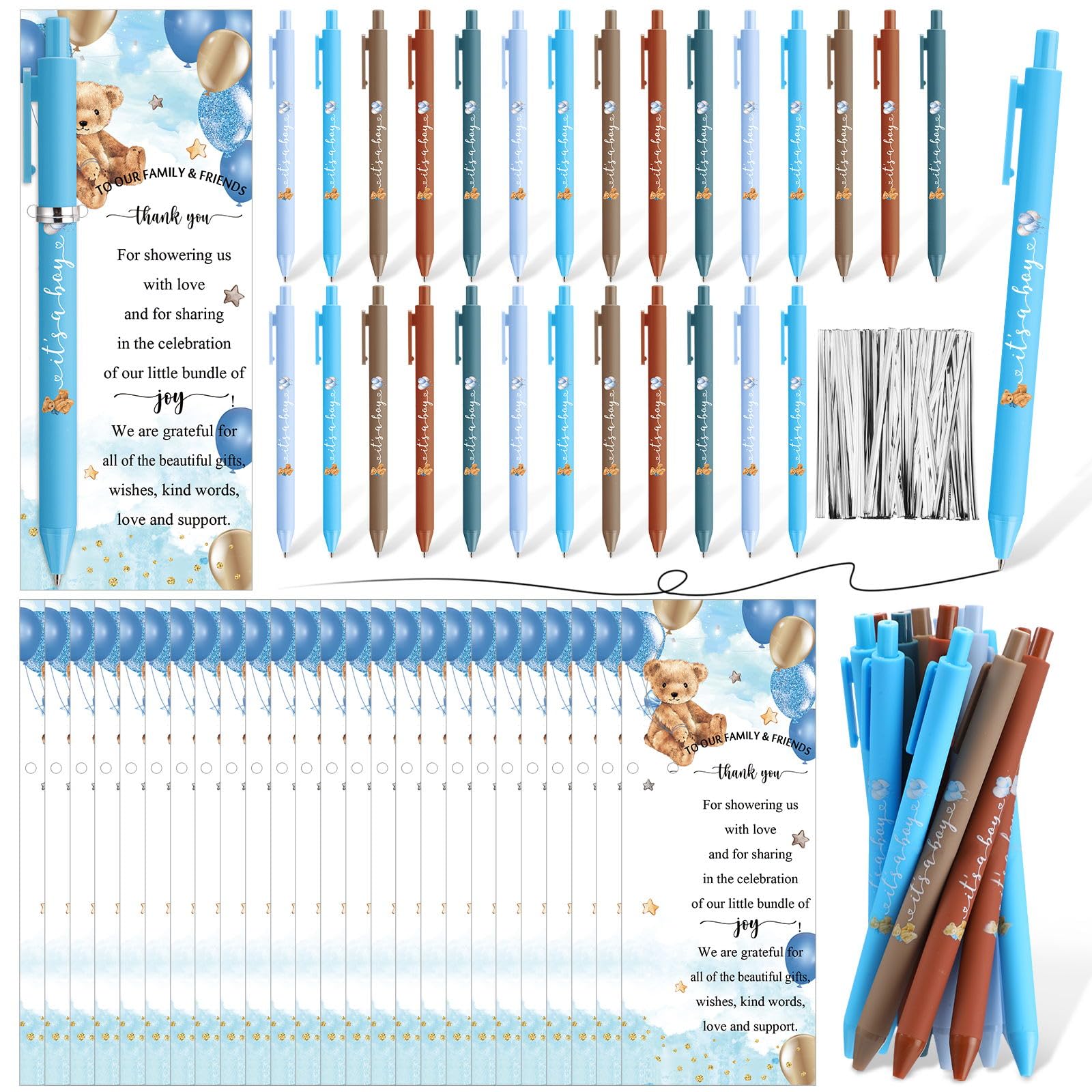 Engrowtic 50 Set Baby Shower Gifts Pens for Guests Bulk Baby Shower Party Favors Retractable Ballpoint Pens with Thank You Cards Gender Reveal