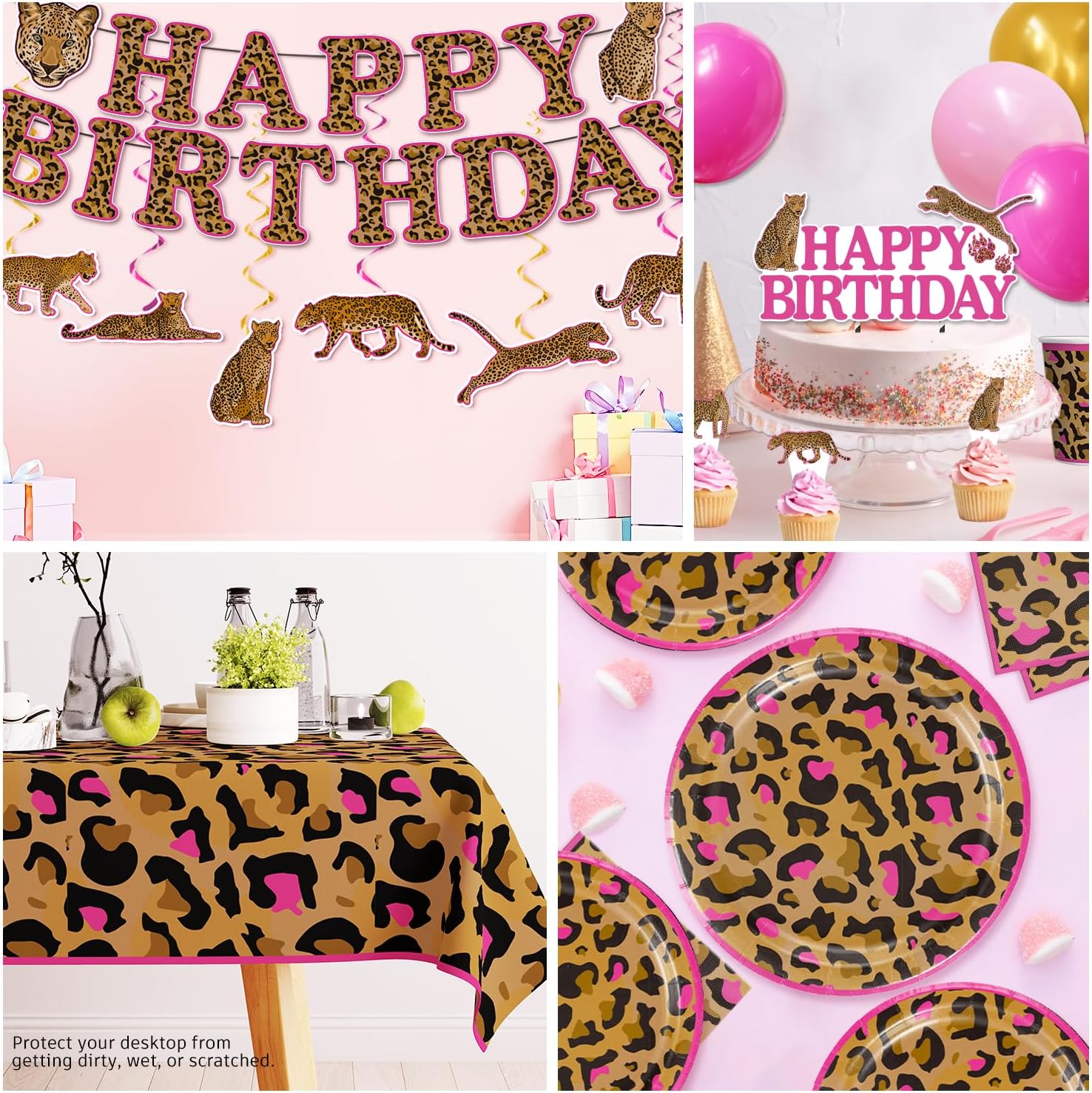 cocomigo 343pcs Cheetah Birthday Decorations Tableware Set, Serves 50 Guests, Cheetah Print Birthday Decorations includes 350 gsm Plates, Balloons, Tablecloths, for Leopard Theme Party Supplies