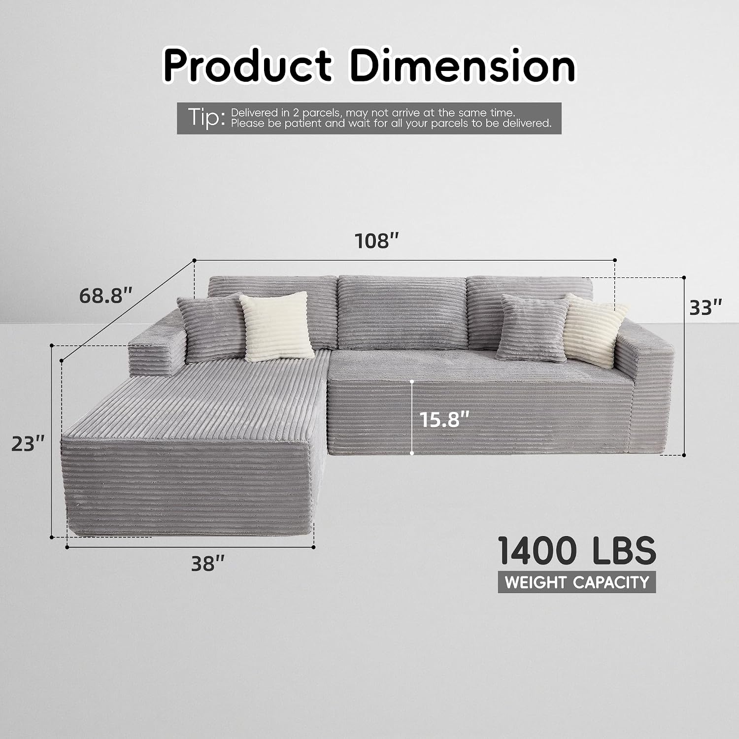 108" Modular L-Shape Cloud Couch Oversized Chaise Plush Corduroy Grey Memory Foam No Assembly