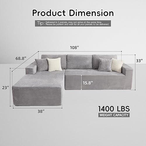 Miniatura 2 de Camillas deshuesadas de 108 pulgadas para sala de estar, sofá modular con diván de gran tamaño, sofá nube en forma de L con asiento profundo, espuma
