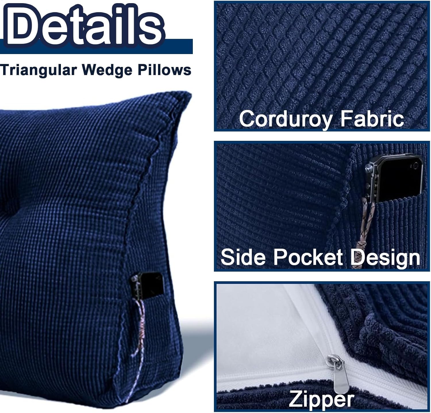 Wedge Pillow Soft Triangular Rest Reading Pillow, Large Headboard Backrest Lumbar Support with One Side Pocket Cushion Waist Backrest (Purple,60x20x50cm)