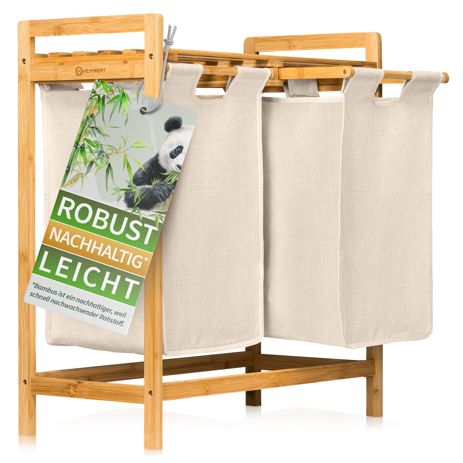 HEIMWERT Wäschekorb Holz Wäschesammler Bambus - Für ein schönes Zimmer und perfekte Ordnung - Aufbewahrungskorb Regal Korb laundry baskets ausziehbarer Wäschekorb mit Deckel und 2 Fächer (beige)