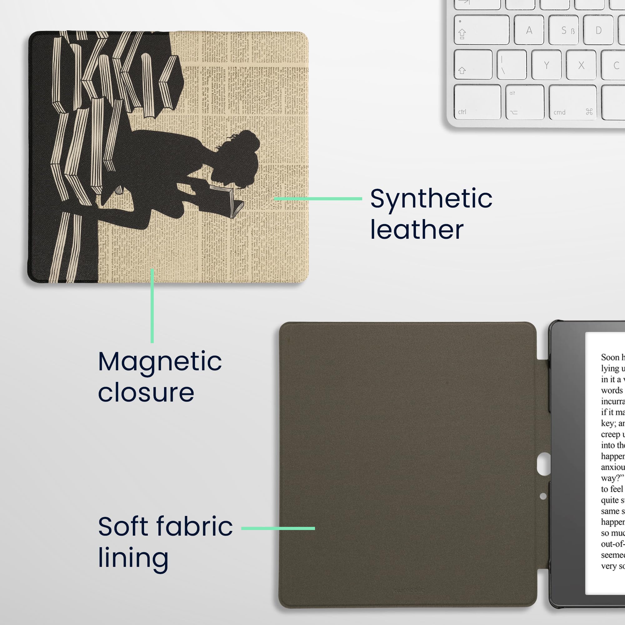 kwmobile Etui na czytnik e-booków kompatybilne z Amazon Kindle Scribe - Zamknięcie magnetyczne - Etui na czytnik - Dziewczyna z książkami w kolorze czarnym/beżowym