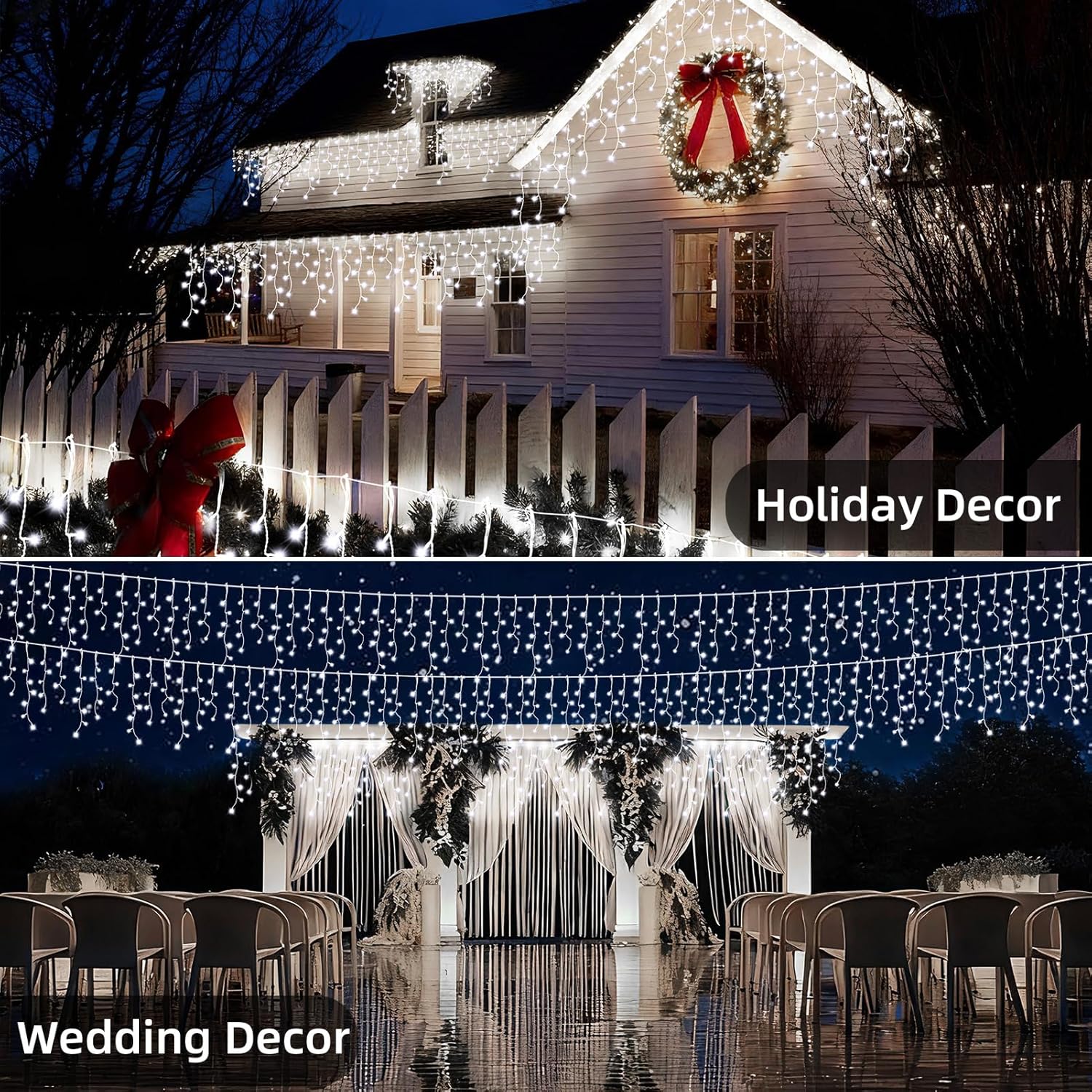 65 FT 640 LED Christmas Lights Outdoor Decorations Clear Wire String Lights Plug in 120 Drops 8 Modes Memory Timer Connectable Curtain Fairy Lights Waterproof for Holiday Wedding Party-Cool White
