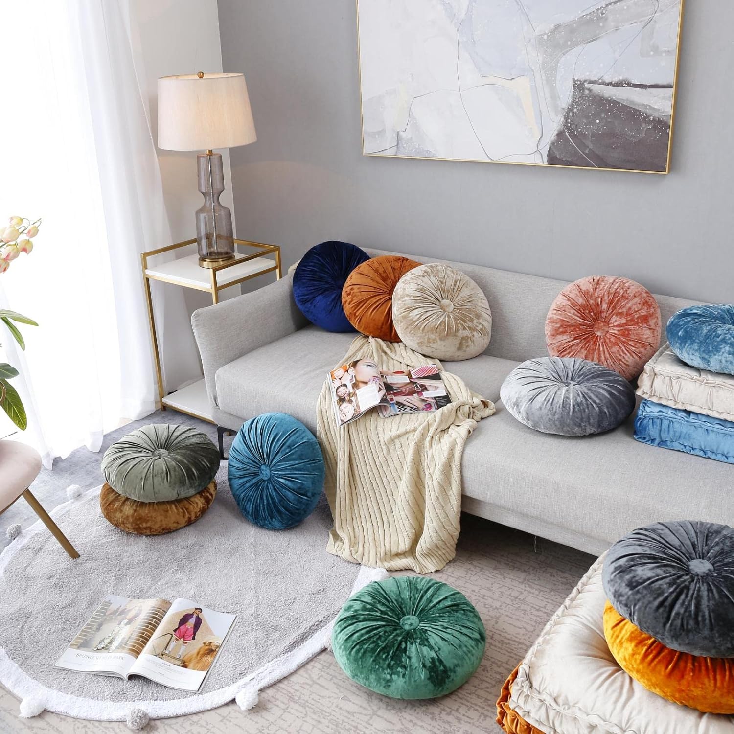 MOJUN Round Throw Pillow 15.7" Pumpkin Velvet Pillow Pleated Round Filled Pillow Home Decorative Throw Pillow Cushion for Couch Chair Bed Car Floor, Lake Bule