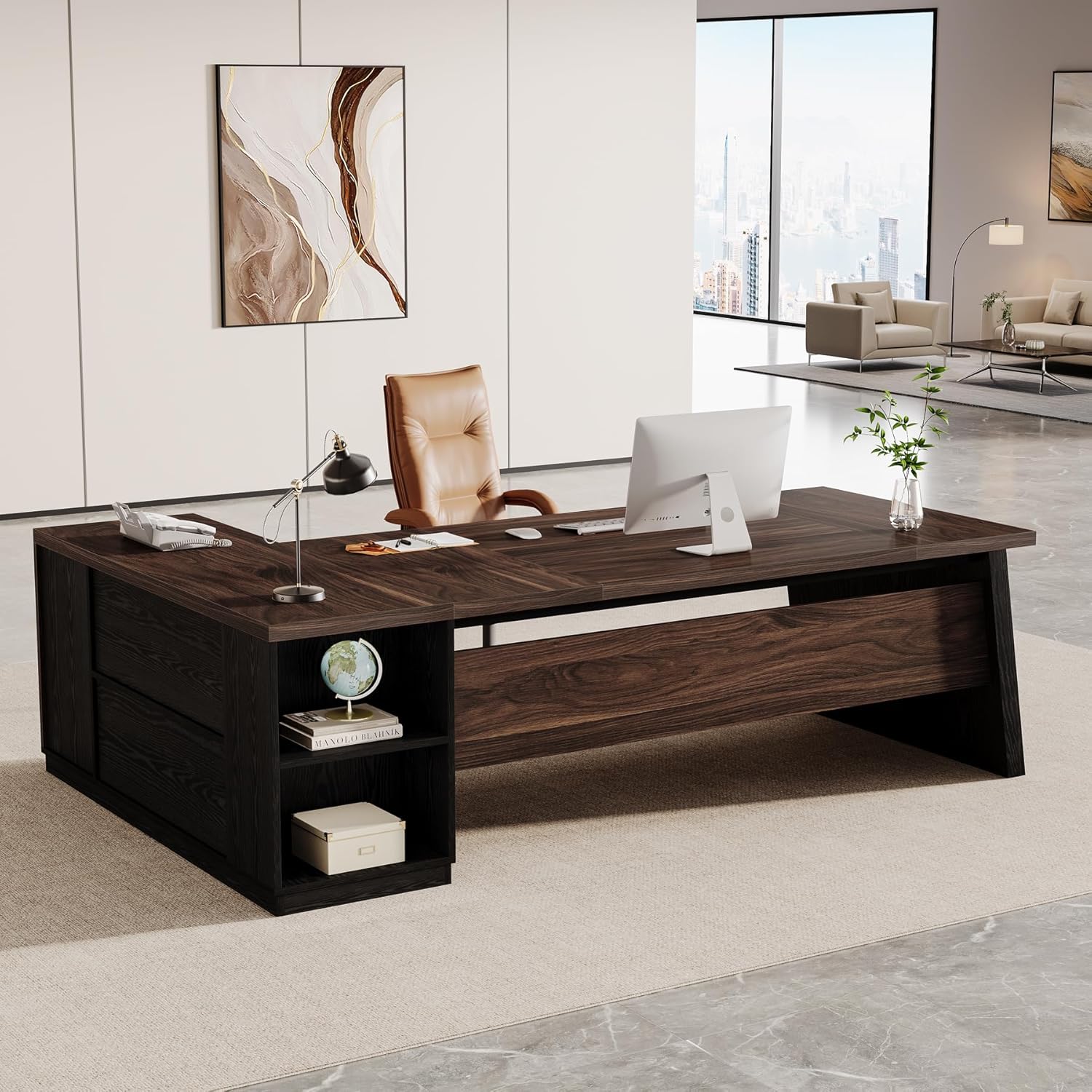 Tribesigns 77.9-inch Executive Desk with 2 Drawers, Large L Shaped Computer Desk with Storage Cabinet and Shelves, Business Furniture Workstation for Home Office (Deep Brown and Black)