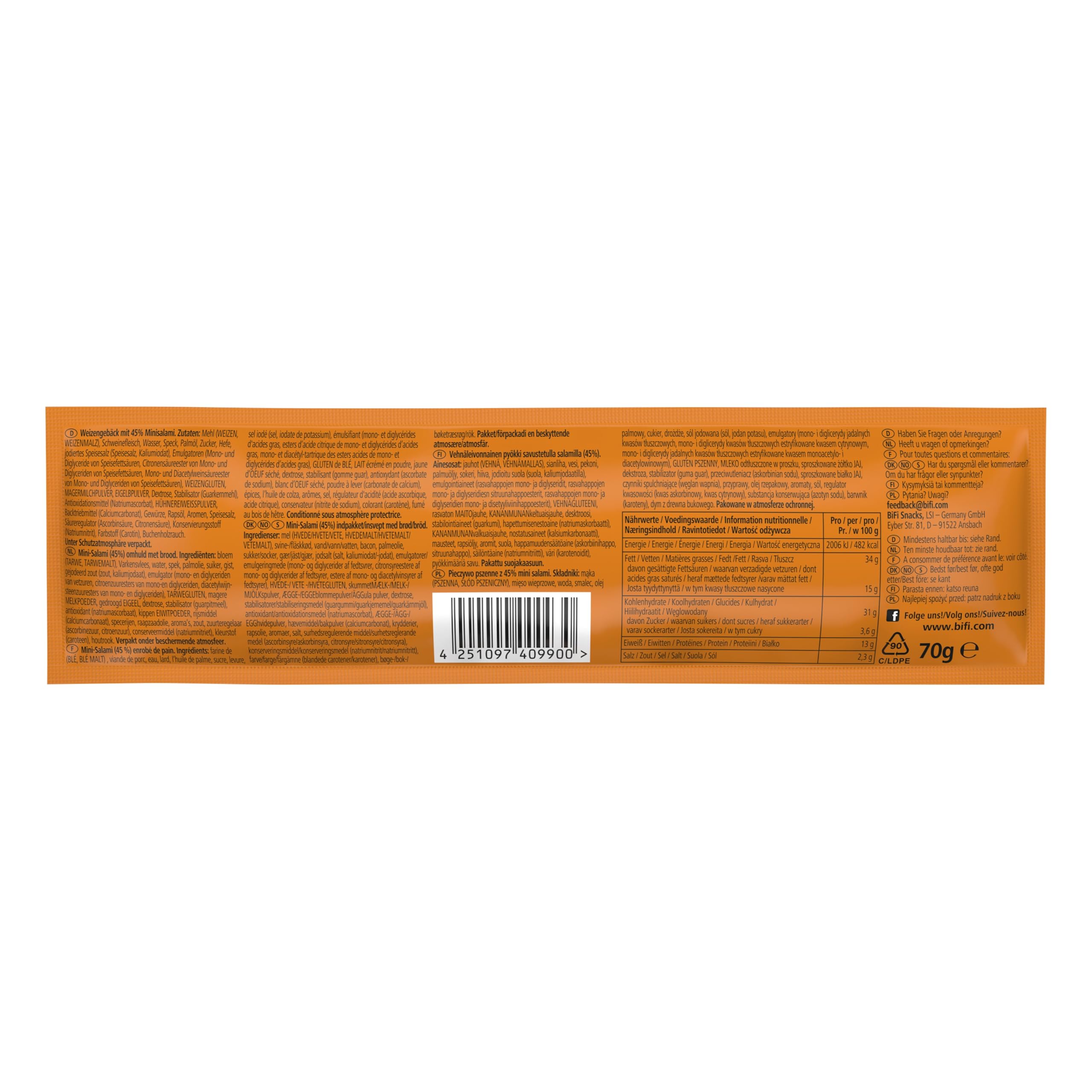 BiFi Roll XXL, Salamino in Morbido Panino, Snack in Formato Tascabile, da Gustare in Viaggio, in Ufficio o Quando fai Sport, Con Pepe, Coriandolo e Aglio, Confezione da 24 (24 X 70 g)