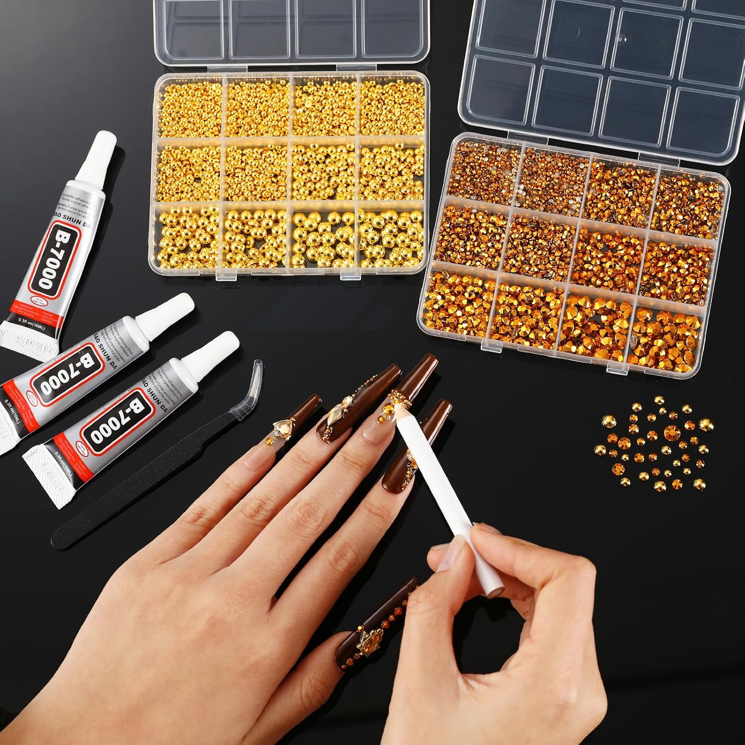 Gold Nail Charms and Gems Set, 4 Boxes DIY Nail Decorations Kit, Gold 3D Cross Flowers Nail Art Charms, Champagne Rhinestones Gems Charms Y2K for Nails, Cool Punk Style Nail Charms