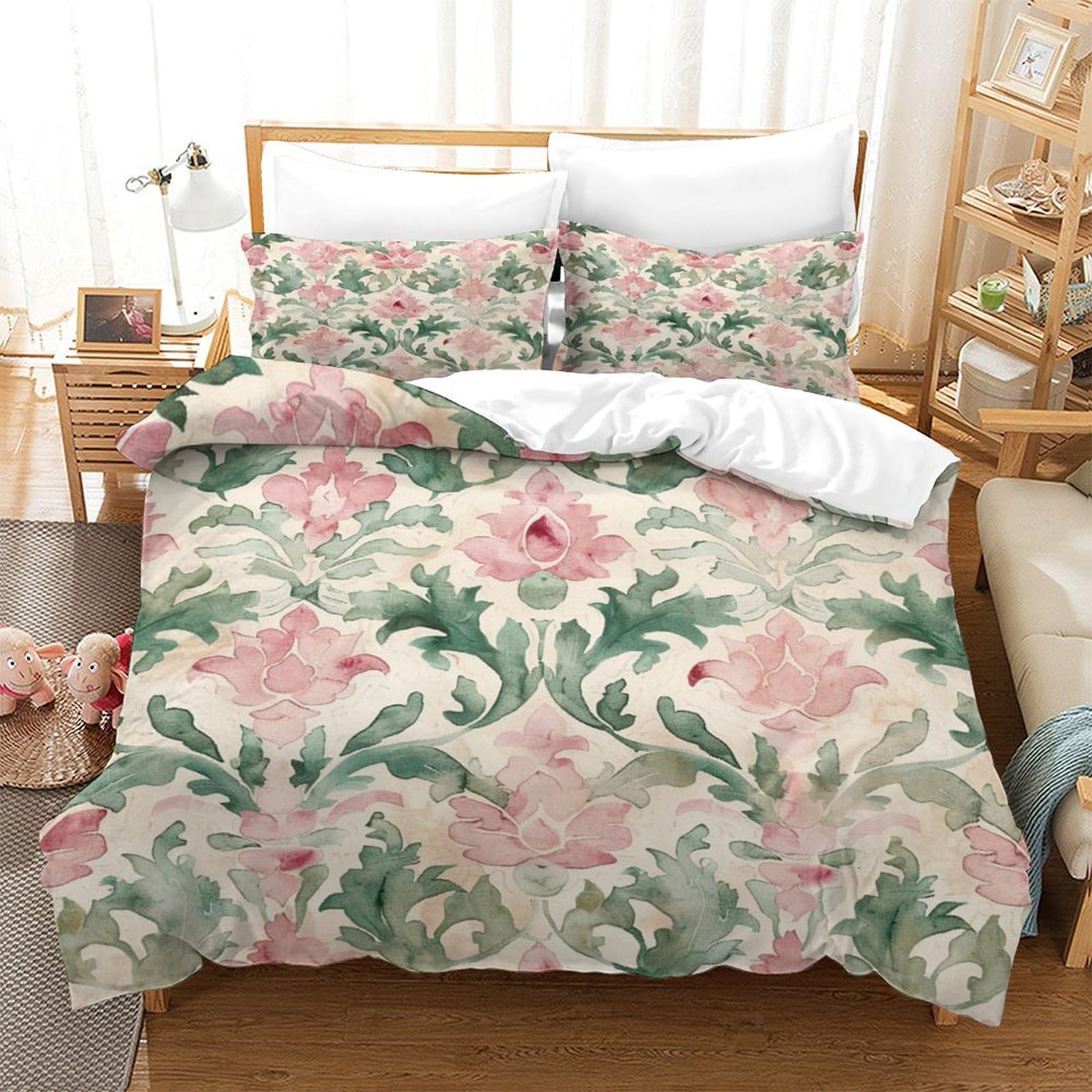 P1S9U7W5Y 3D Printed Botanical Floral Duvet Cover Set 3pcs Microfiber Pink Flower Bedding Set Super king（260x220cm）