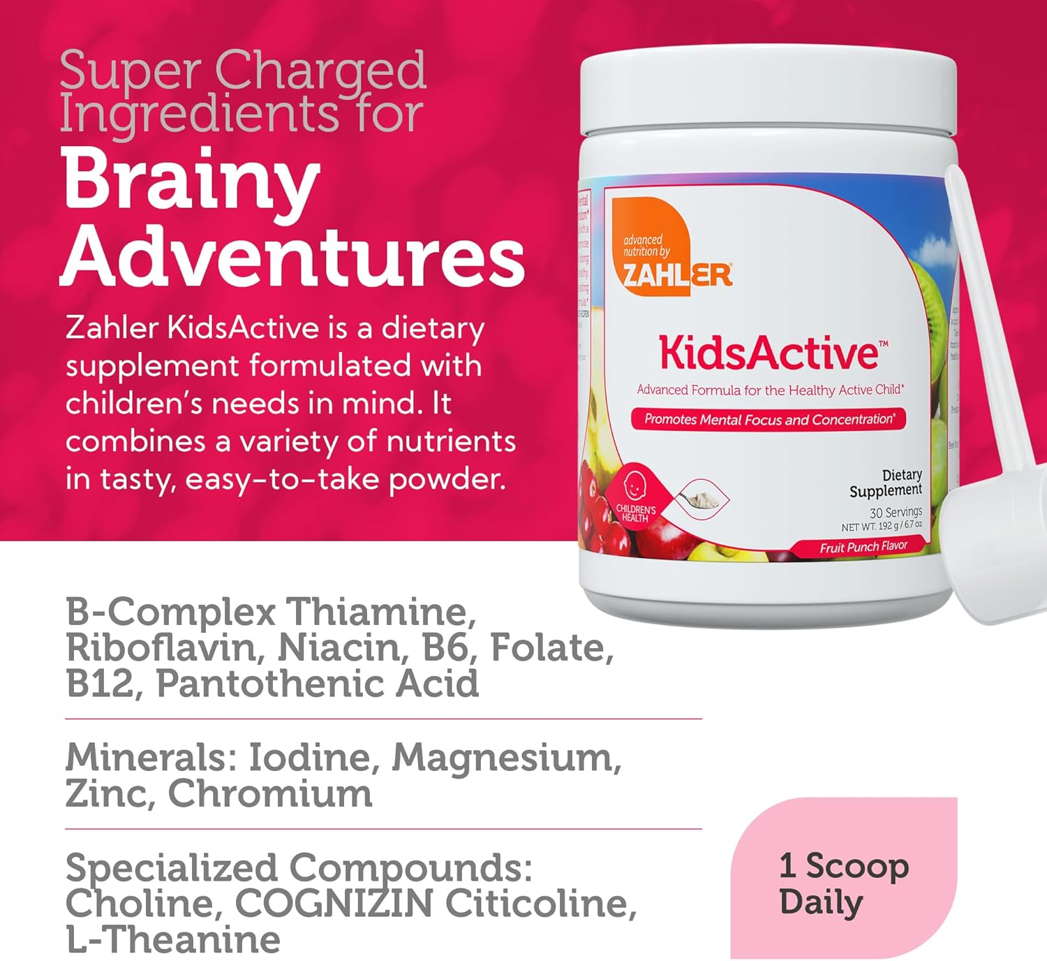 Zahler KidsActive, Kids Concentration Formula Powder, All Natural Children’s Supplement Supporting Focus, Certified Kosher, 30 Servings Fruit Punch Flavored Powder