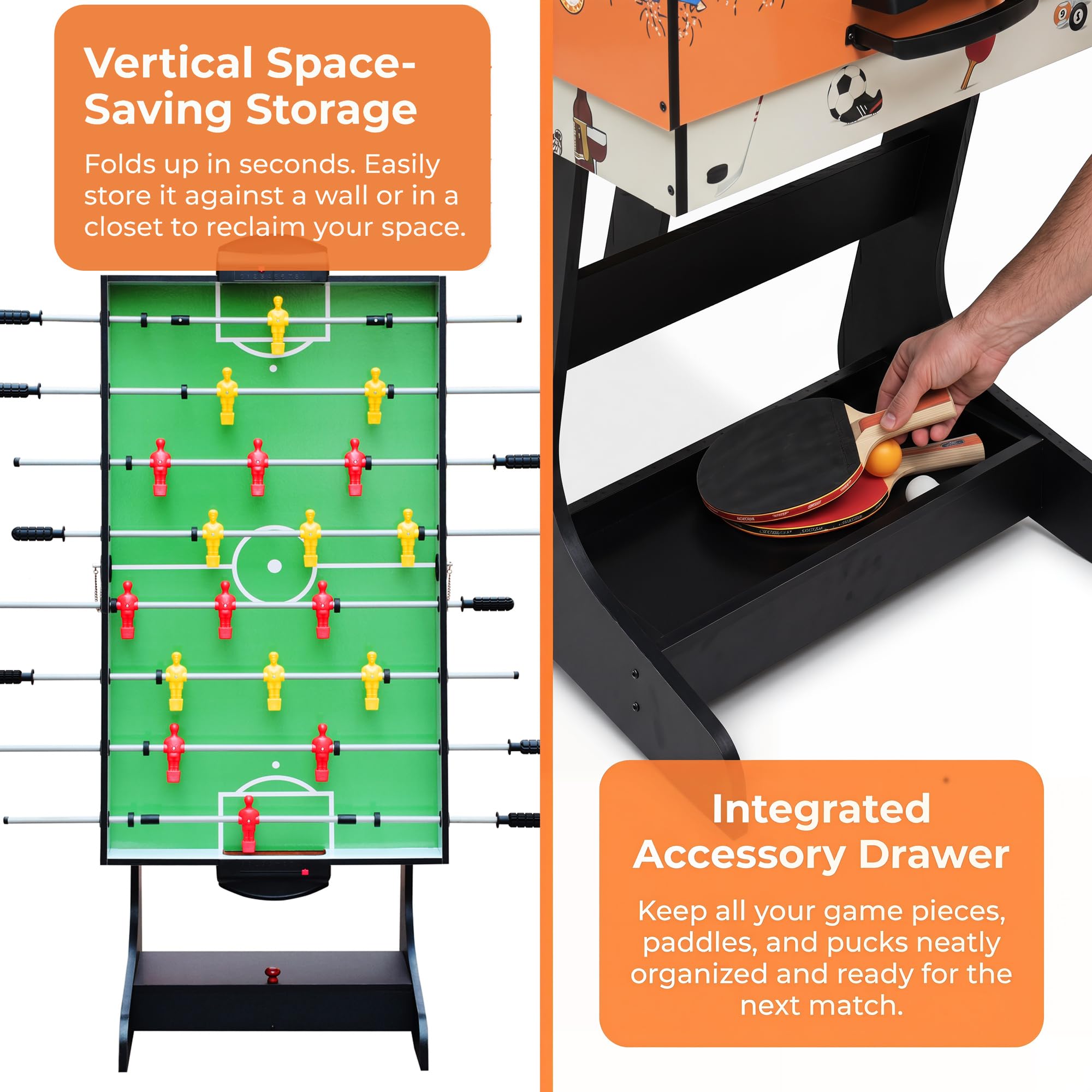OYE 4FT 8 in 1 Zusammenklappbar multifunkniertes Tischspiel - Tischfußball(Tischkiker)/Tischtennis/Air Hockey/Billard-Tisch, MDF