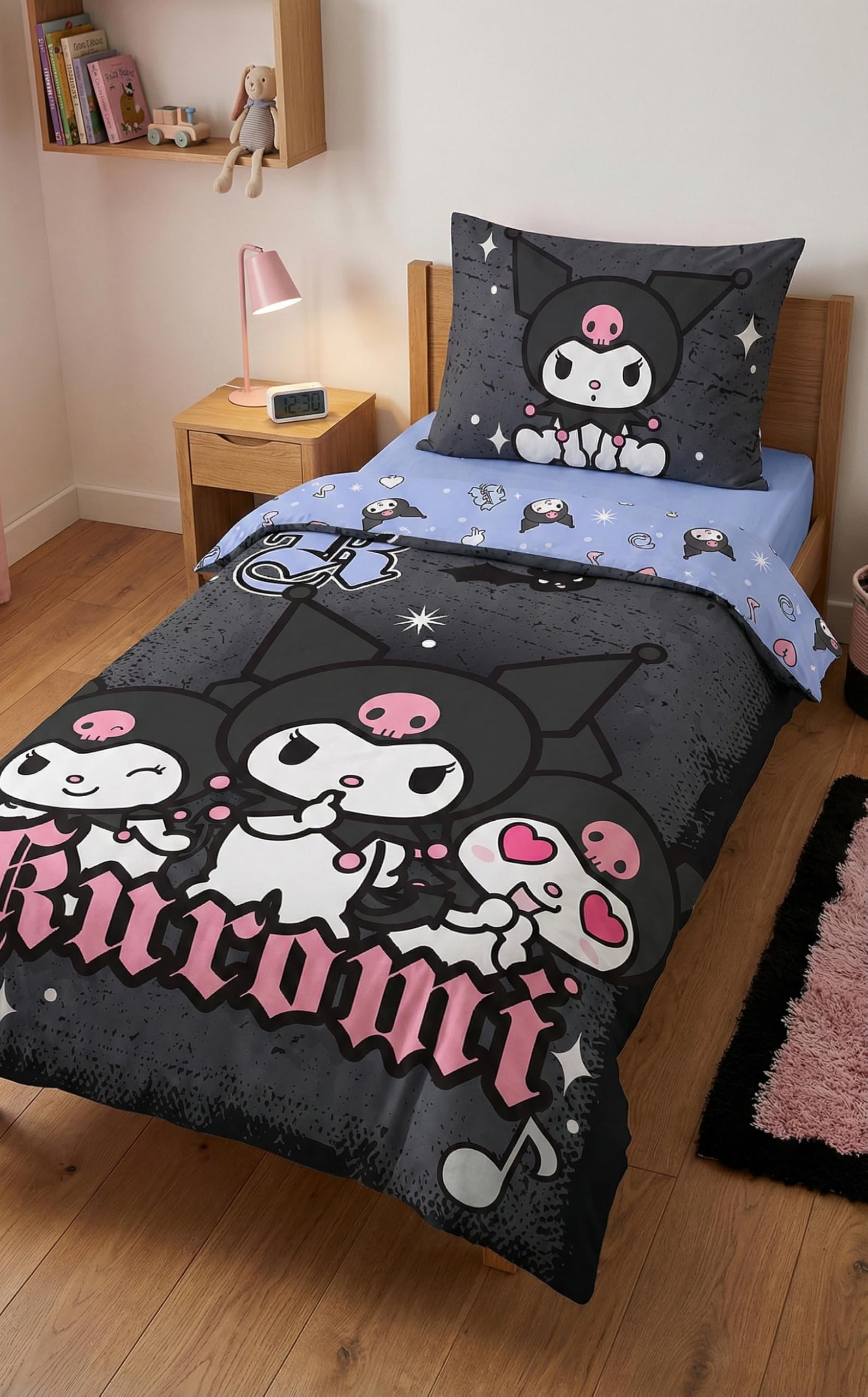 Copripiumino Kuromi 140 x 200 cm – Parure da letto per bambini e adolescenti, 100% microfibra con federa 70 x 90 cm, design reversibile nero e blu