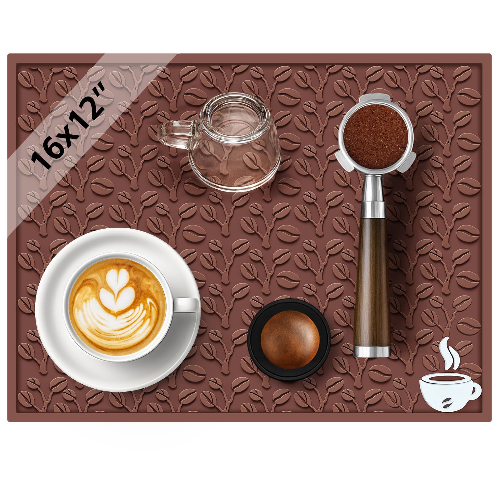 Coffee Bar Mat, 16"x12" Non-Slip Rubber Mats, 3D Coffee-Bean Pattern Pad