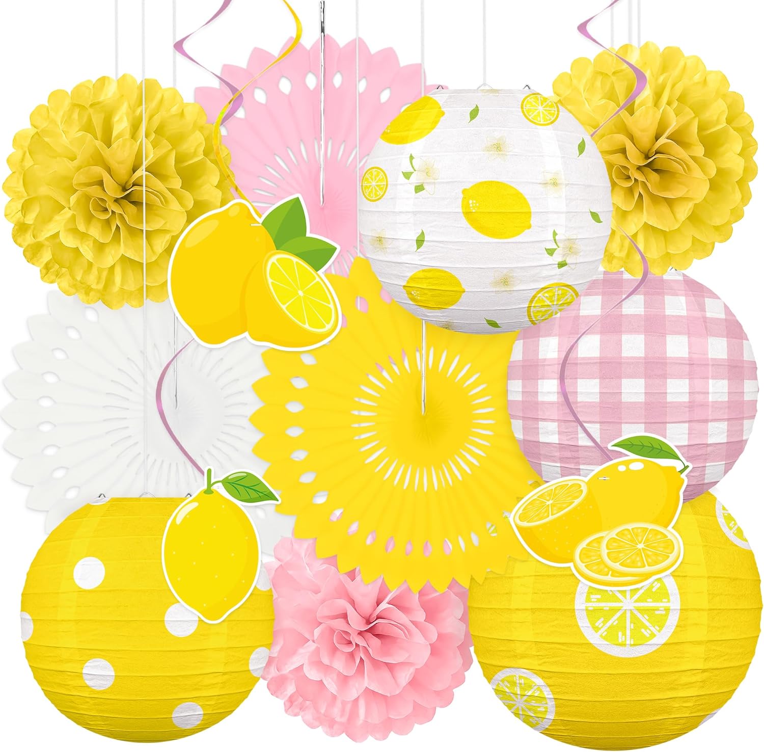13PCS Summer Lemon Party Decorations Paper Lanterns Fans Pom Poms Hanging Swirls Lemonade Stand Italian Decor for Birthday Home Backyard Indoor Outdoor