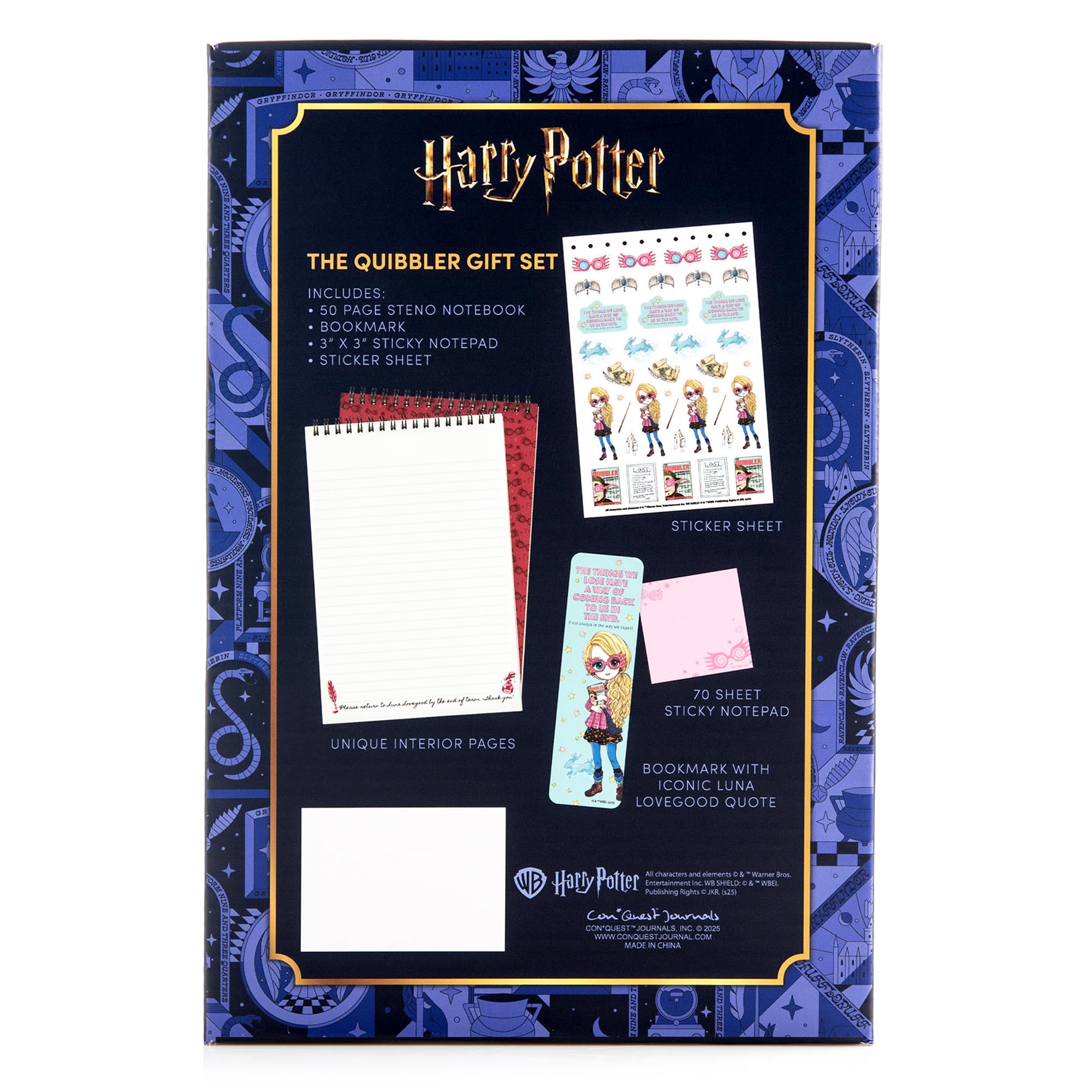 CON*QUEST Harry Potter The Quibbler Stationery - Juego de regalo de papelería duradero de 50 hojas de 6 x 9 pulgadas con hoja de calcomanías vibrantes, paquete de notas adhesivas y marcador Luna