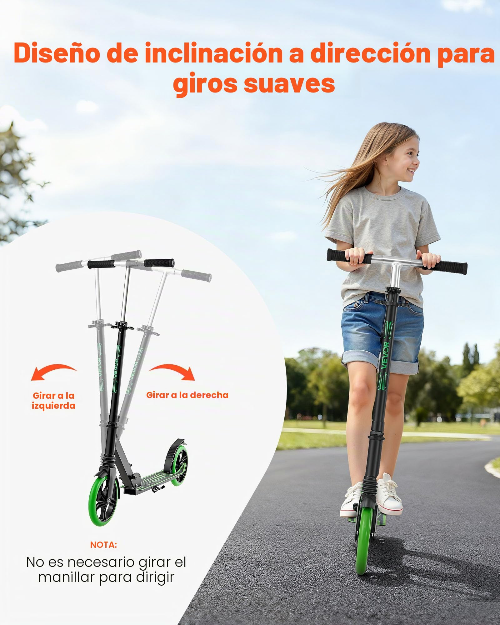 VEVOR Patinete para Niños a Partir de 8 Años, 2 Ruedas, con Manillar Regulable en Altura y Base Antideslizante, Marco de Aleación de Aluminio, hasta 100 kg, Negro y Verde, 900 x 380 x 1000 mm