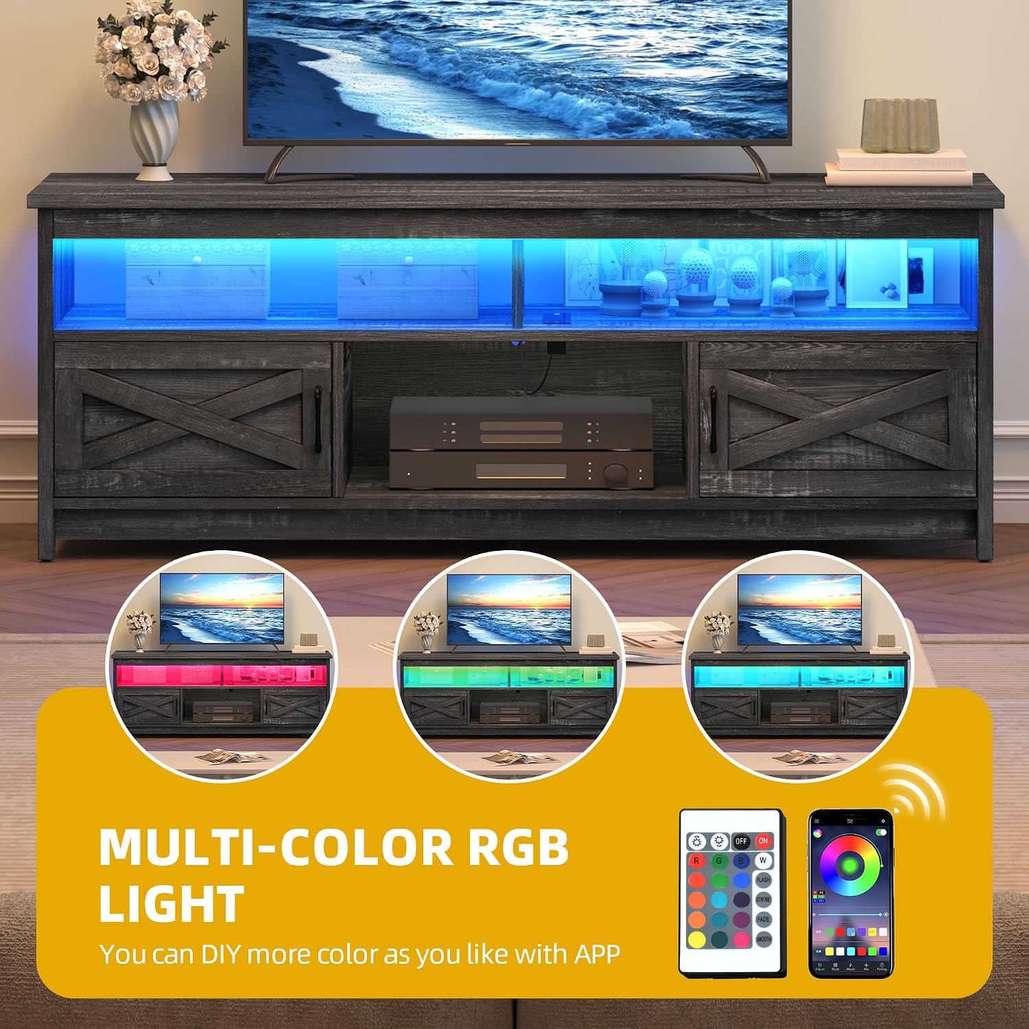 DWVO TV Stand for 75/70 inch TV, Farmhouse Entertainment Center with Power Outlets & LED Light, Modern Media Console Table TV Cabinet with Storage Cabinets for Living Room, Dark Grey