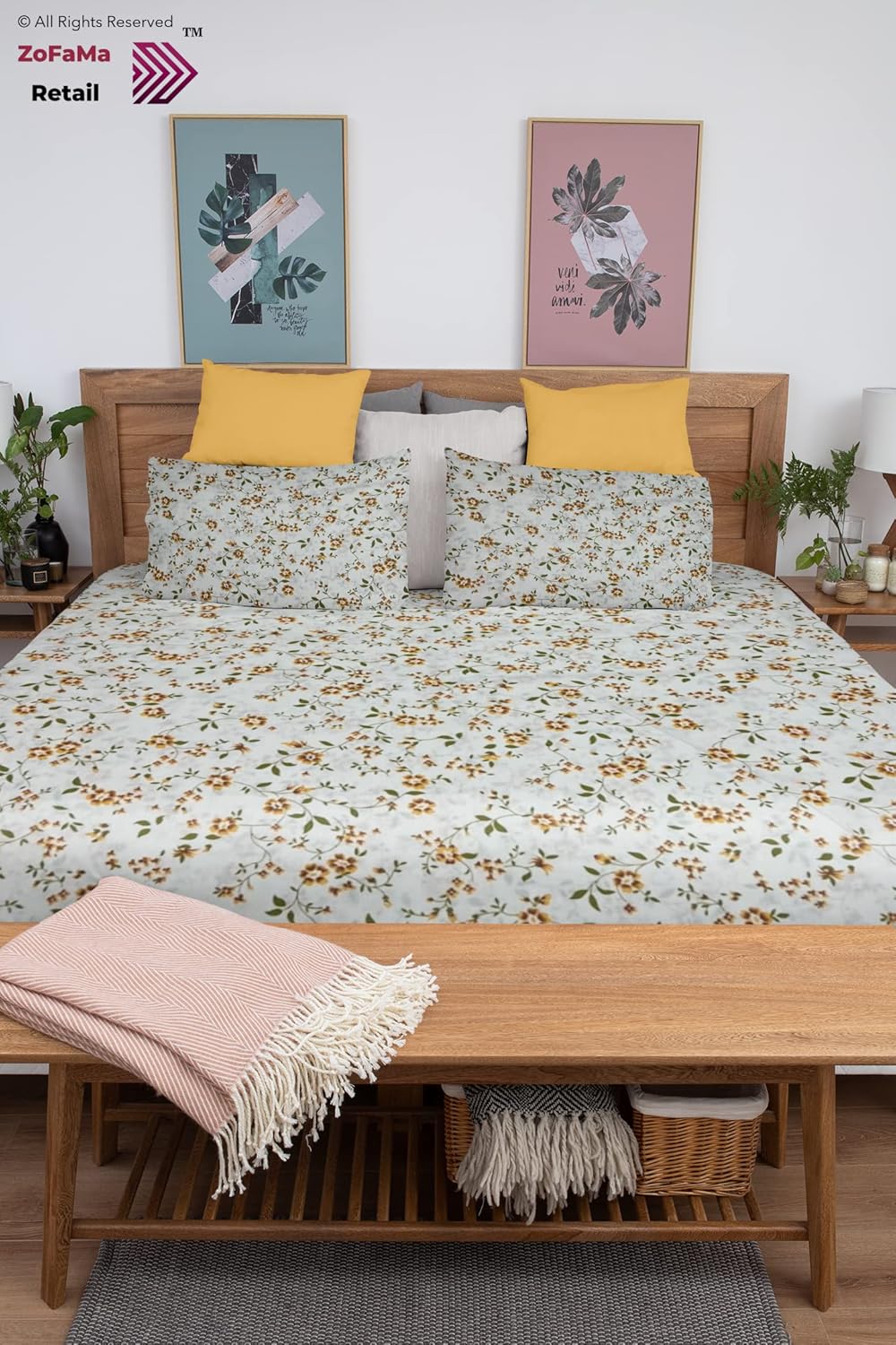 Manzoni Vine Floral 100% Cotton Double Bedsheet with 2 Pillow Covers, 150 TC, Size 88 inch by 96 inch (Yellow)