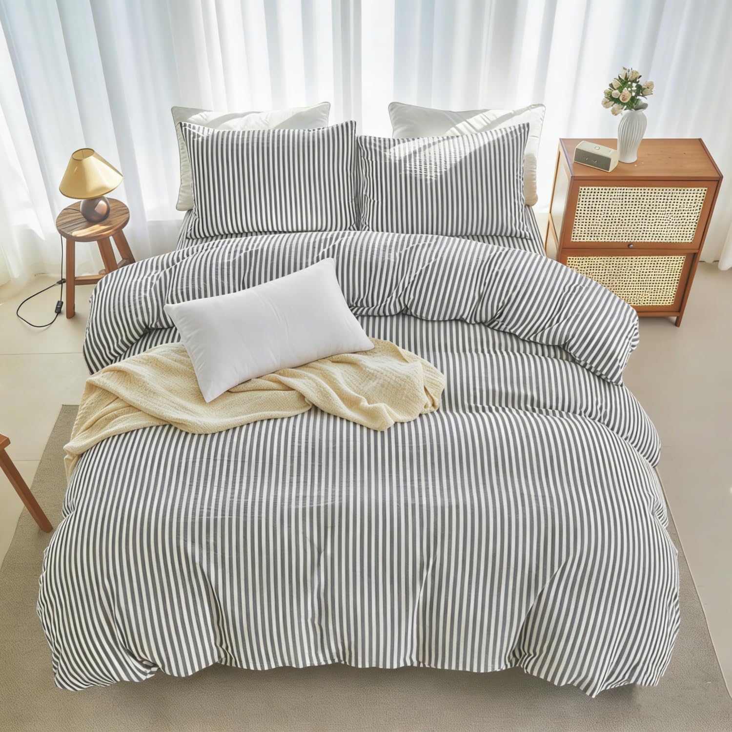 LIFETOWN Striped Duvet Cover Set 100% Washed Cotton Linen Feel Natural Wrinkles Lightweight Comfy (King, Dark Grey White Stripes)