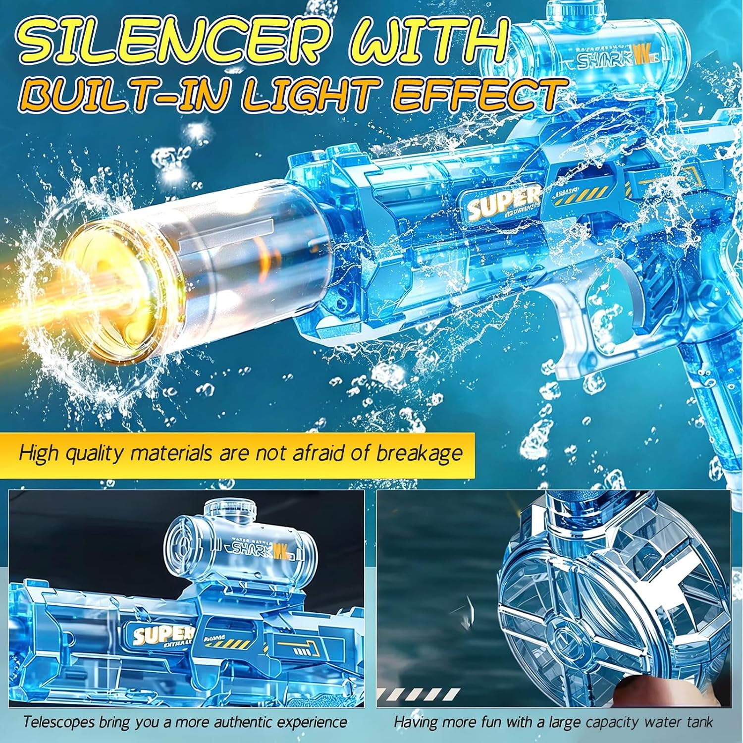 Electric Water Gun for Adults Kids,Automatic WaterGun with Led Light,with 32FT Range，Summer Outdoor Water Pistol Pool Beach Party Toys for Boys Girls (Black+Blue)