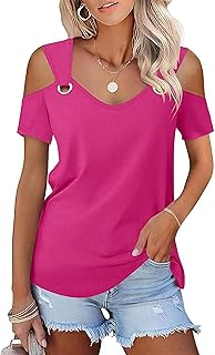 Women's Cold Shoulder V-Neck Short Sleeve Top with Ring Detail - Casual Loose T-Shirt