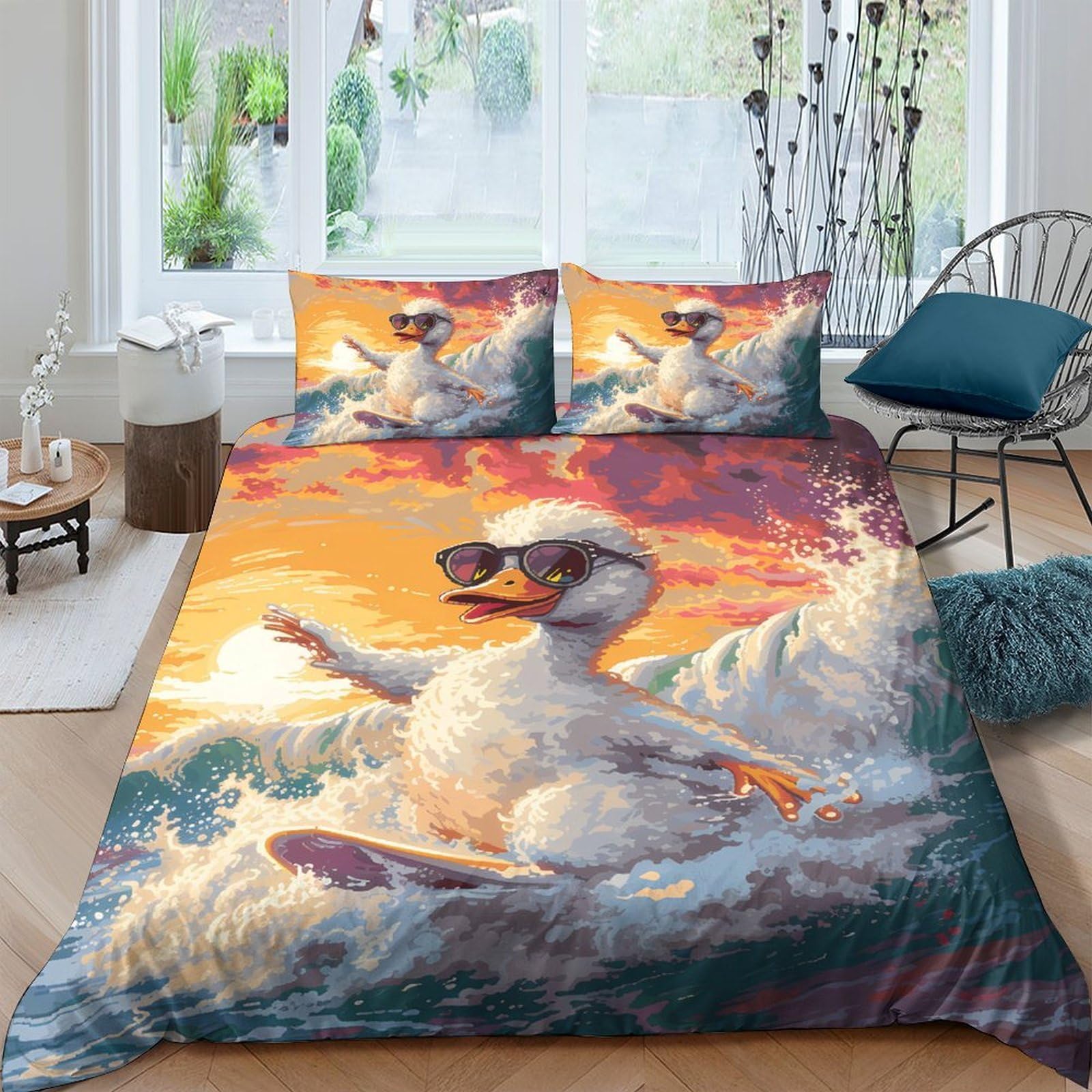 Ctjqhvkz Style-5 3D Printed Surfing Duck Fitted Sheet Microfiber Vibrant Sunset Ocean Bed Cover For Bedroom Dorm Mattress Decor Single（135X200cm）