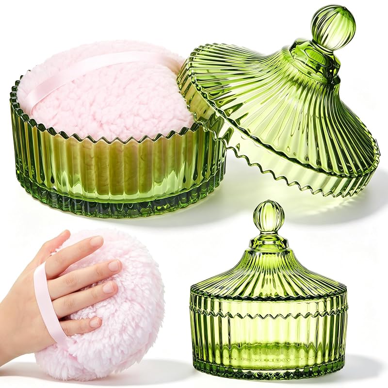 Tioncy Conjunto com 2 peças para pó com puff e recipiente de vidro verde, clássico