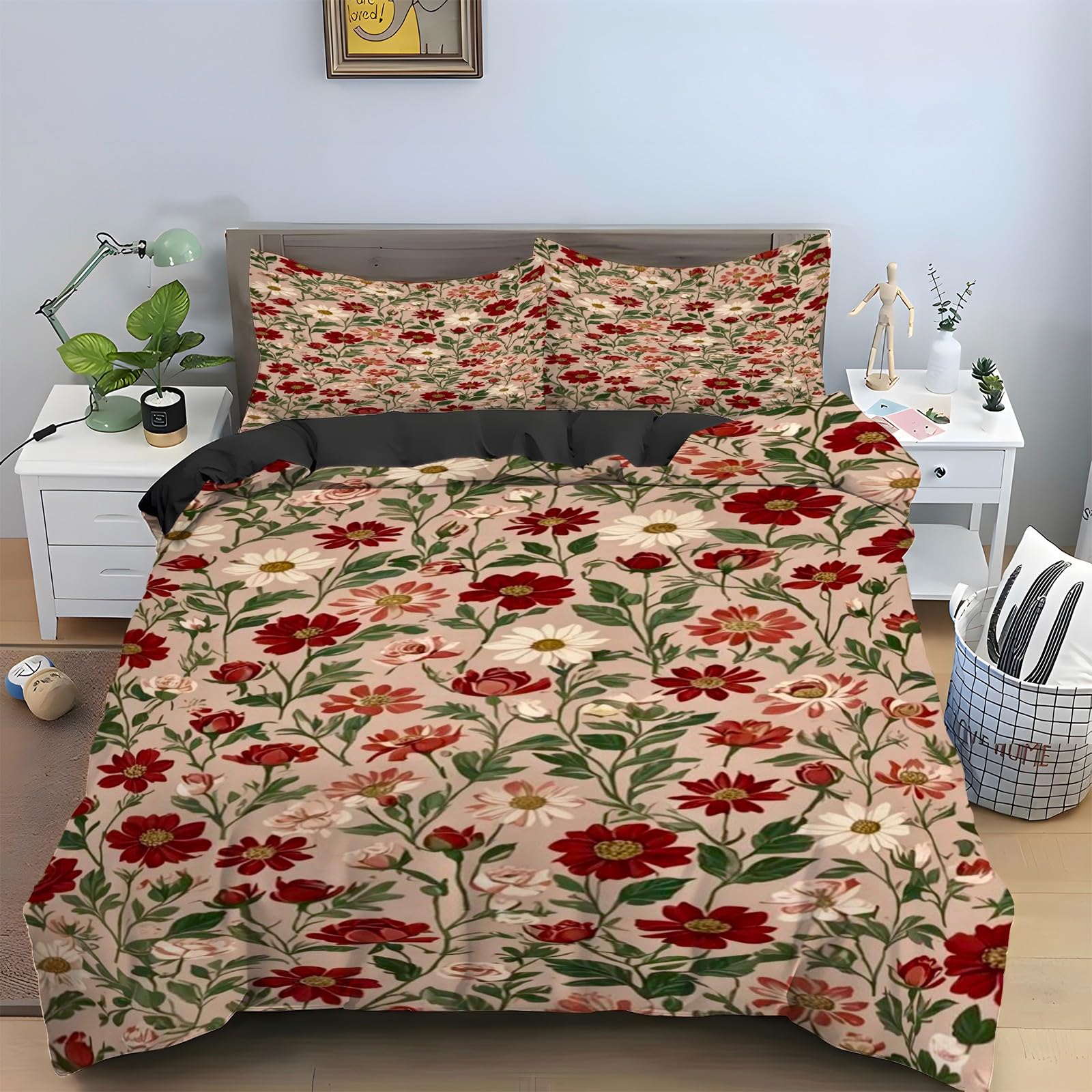 Housse de couette 200x200 floral anti-plis en microfibre douce avec zip rapide