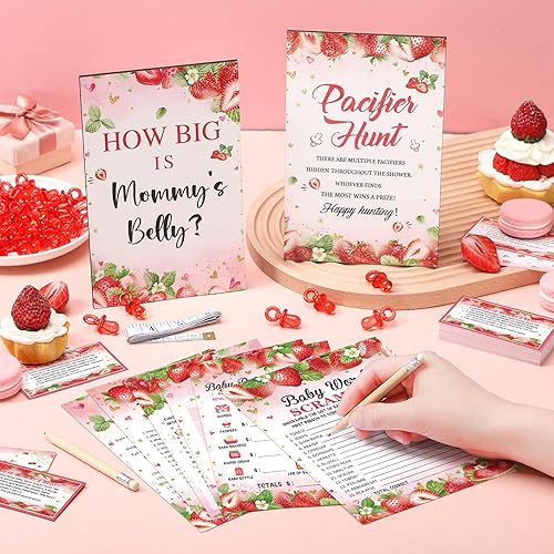 Miniatura 3 de Sherr 424 piezas de suministros de juegos de baby shower de fresa, 6 juegos de 300 tarjetas de actividades, 1 letrero de caza de chupete, 50