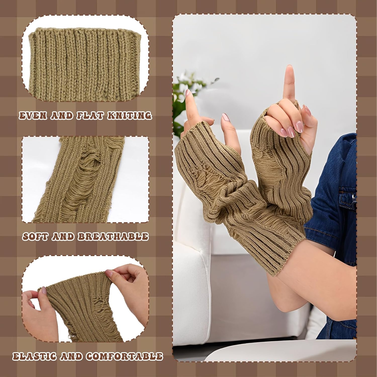 5 Pcs Y2K Clothes Accessories Y2k Grunge Cat Ear Beanie with Fingerless Gloves Bracelets Buckle pins for Women Girls Grunge Accessories Brown - Image 4
