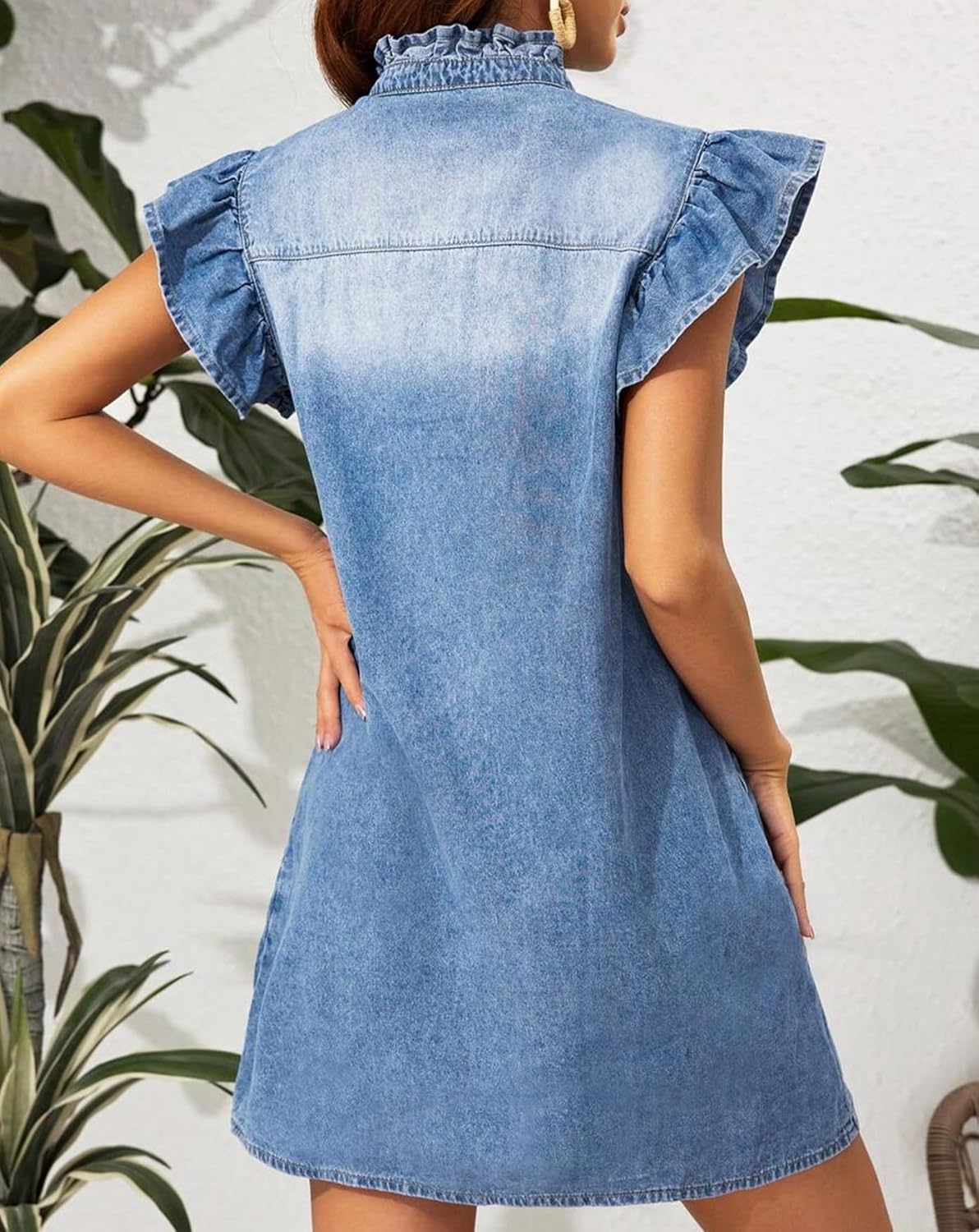 LifeShe Denim Dress for Women Button Down Shirt Dress Ruffle Sleeve Casual Blue Jean Short Mini Dresses for Summer - Image 3