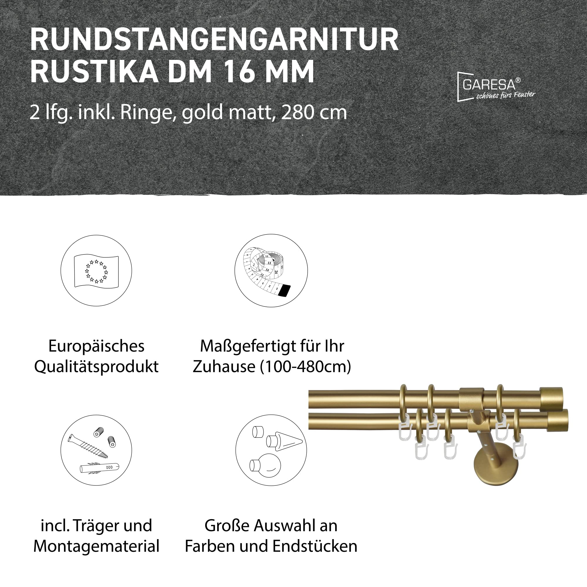 Garesa Gardinenstange Rustika Ø 16mm, 2-läufig, Gold, matt I Rustikale Vorhangstange aus Metall inkl. Ringe + Faltenlegehaken I Mit Endknopf Kappe I 280cm