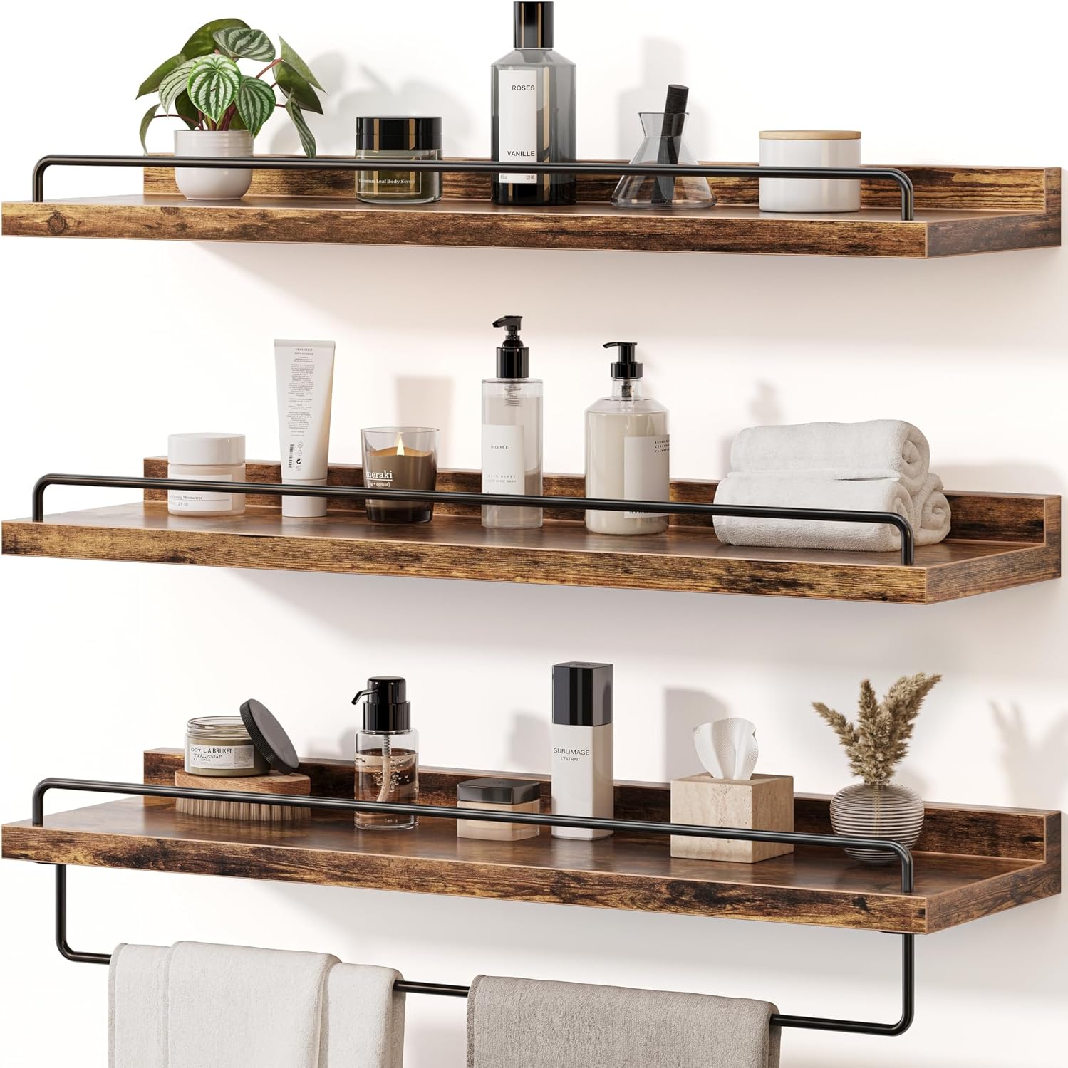 Bathroom Shelves, Wall Shelf Set of 3, Floating Shelves, Shelves for Room Wall, Bathroom Decor (Rustic Brown, 23 Inches) Rustic Brown 23 Inches