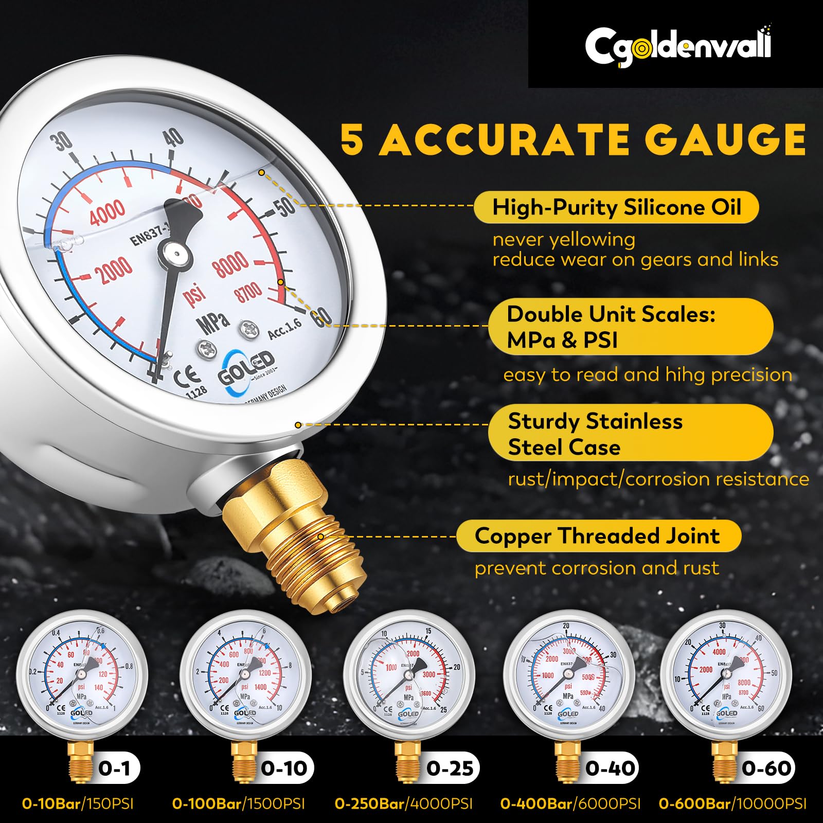 CGOLDENWALL Kit de Test de Pression Hydraulique‌, 5 Manomètres (10/100/250/400/600bar), 13 Raccords, 14 Connecteurs en T, 5 Tuyaux, pour Excavateur/Construction/Machineries/Mines