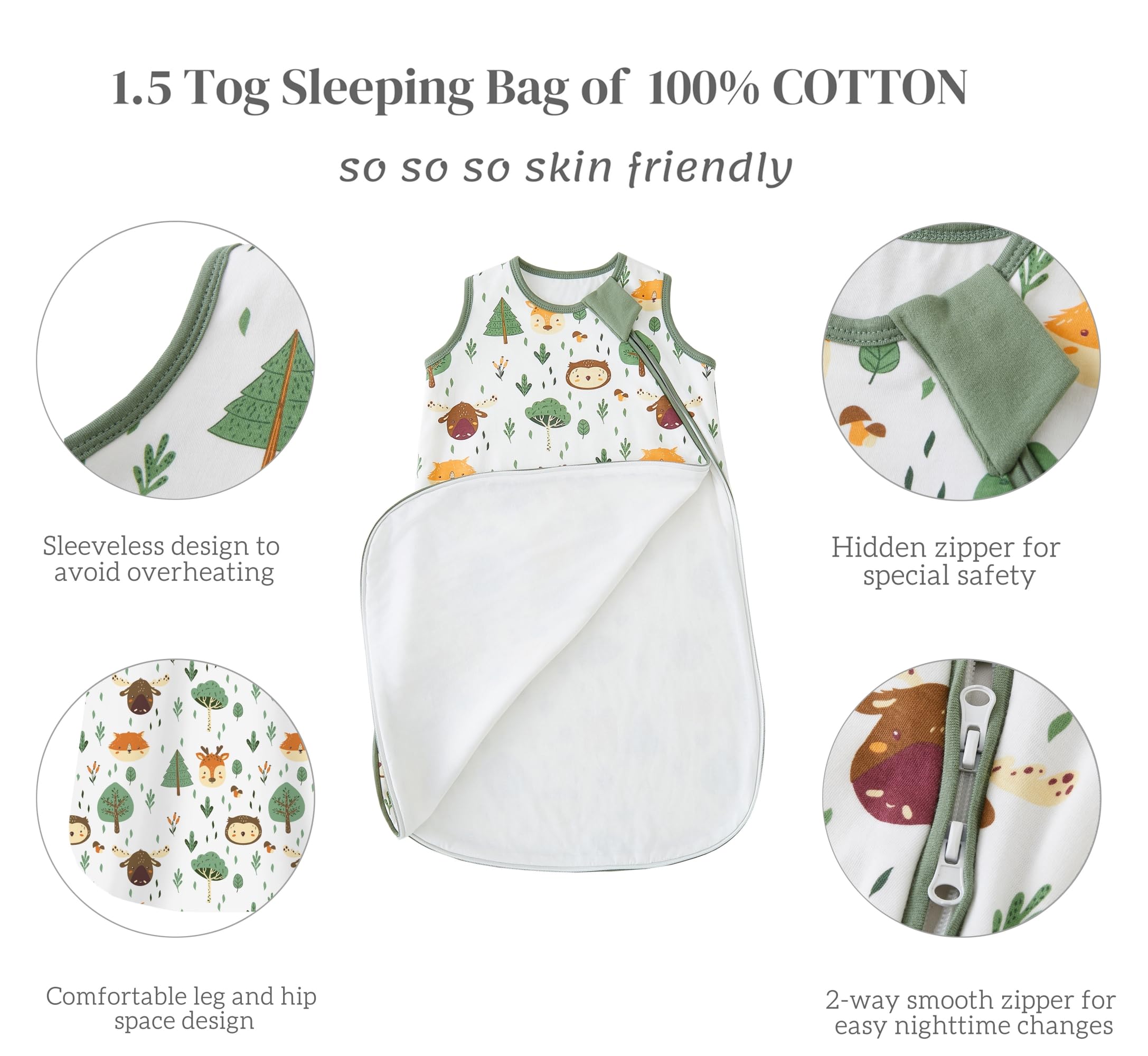 Chilsuessy Baby Schlafsack 1.5 Tog 2er Pack Ganzjahresschlafsack 100% Baumwolle Winter Babyschlafsack für Neugeborene, 1.5 Tog/Grün Wald Set, 67cm/0-6 Monate