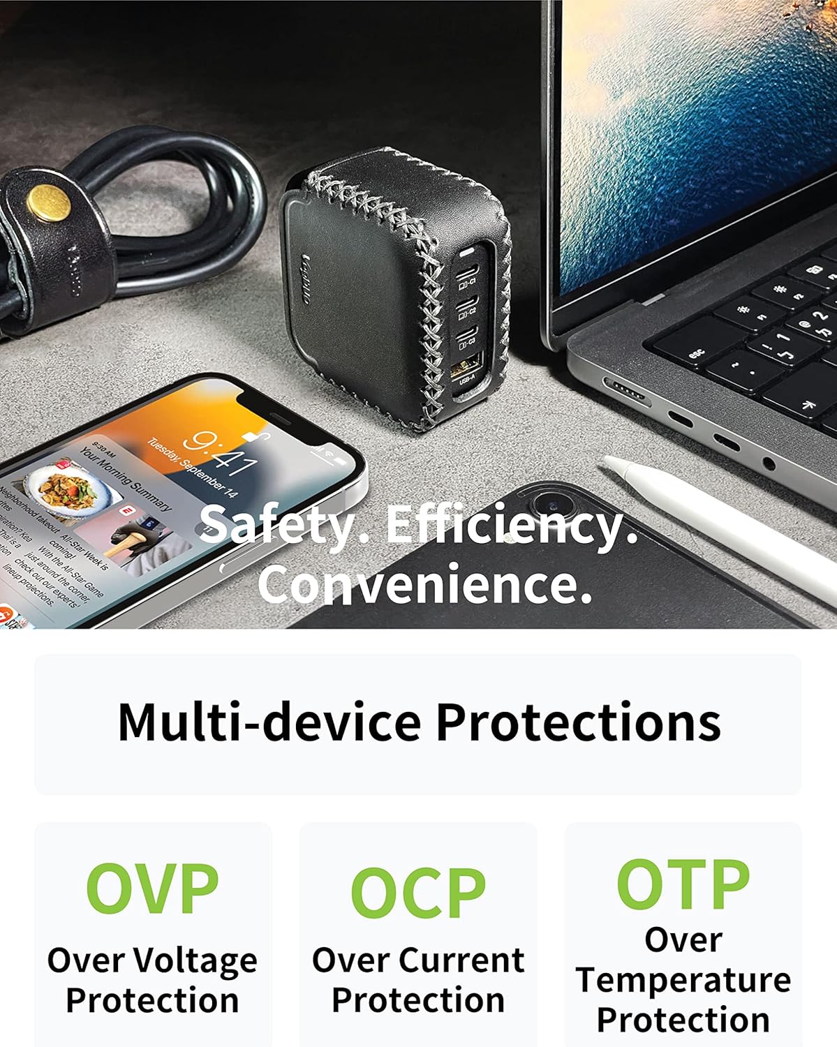 VogDUO 100W USBC Charging Station - 4 Ports Foldable GaN Wall Charger with Leather 5ft Extension Cord for MacBook, iPad, Apple Watch, iPhone, Vision Pro (Black)