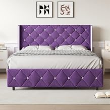 Lullabyre Queen Size Bed Frame, Upholstered Bed Frame with Diamond Tufted Headboard, Modern Silverside Wingback, No Box Spring Needed, Easy Assembly, Purple
