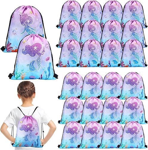 Hillban 24 mochilas con cordón de sirena para niños de 10 x 12 pulgadas, bolsas con cordón para fiesta de sirena, bolsas de regalo de sirena, bolsas