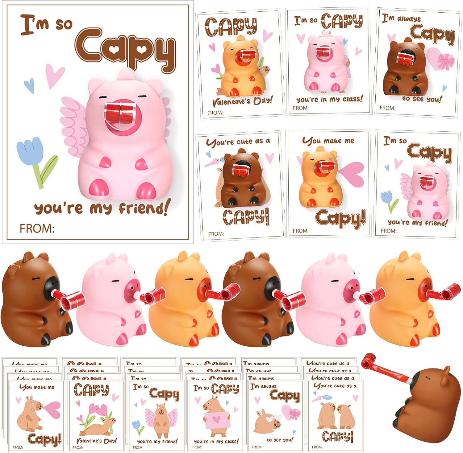 24 Set Valentines Day Gift Bulk Capybara Stress Balls Fun Relief Fidget Squeeze Toys with Positive Cards Mini Animal Desk Decor Capybara Party Favors for Office Teacher Adults (Blowers)