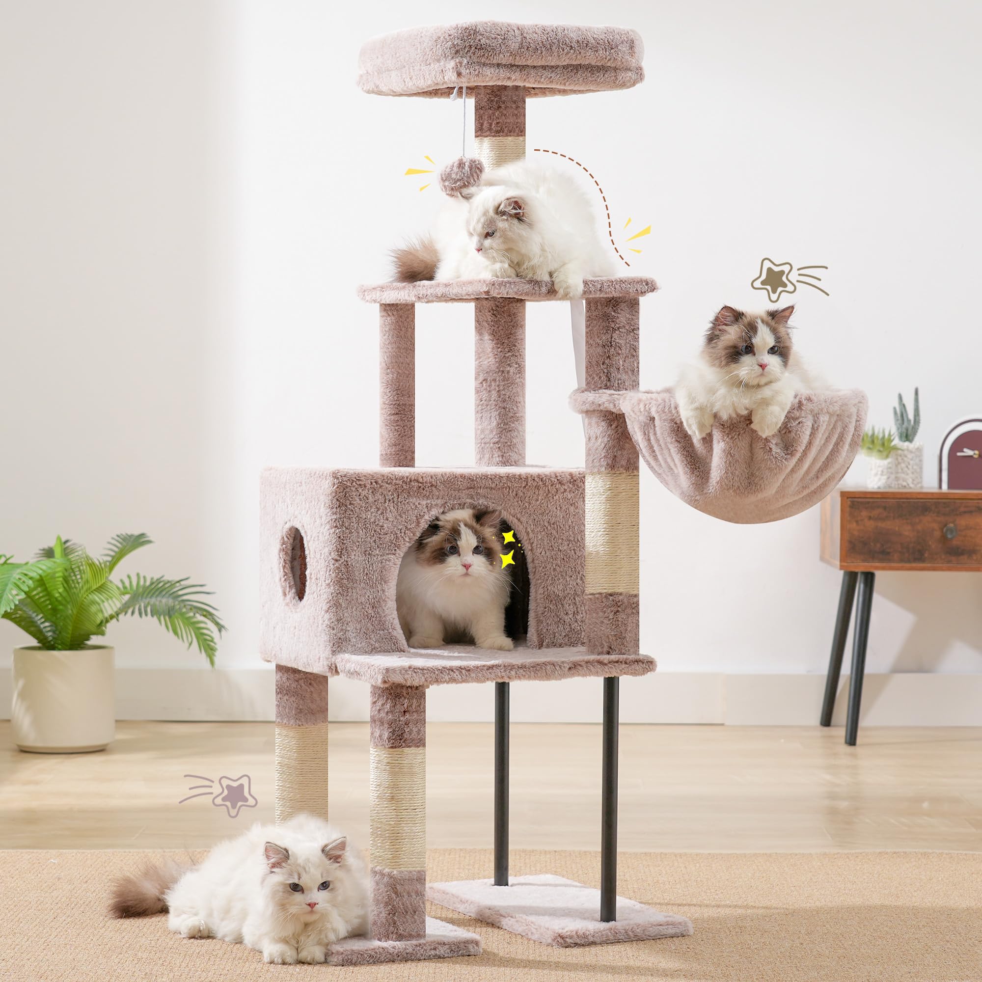 Heybly Arbre À Chat, 125 Cm Petit Arbre avec Niche, Plateforme Douce, Griffoir en Sisal, Panier Et Structure en Acier Robuste, Marron Beige HCT200SMU
