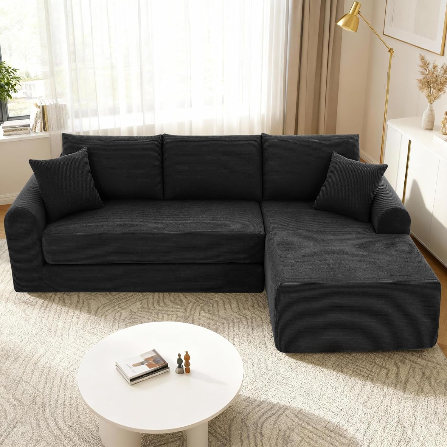 103 inch Cloud Sectional Couch, Modular Sectional Sofa with Deep Seat,Folding L-Shape Sofa Bed,Corduroy Boneless Couch Bed for Living Room,No Assembly Required,(Black,Right Facing Chaise)