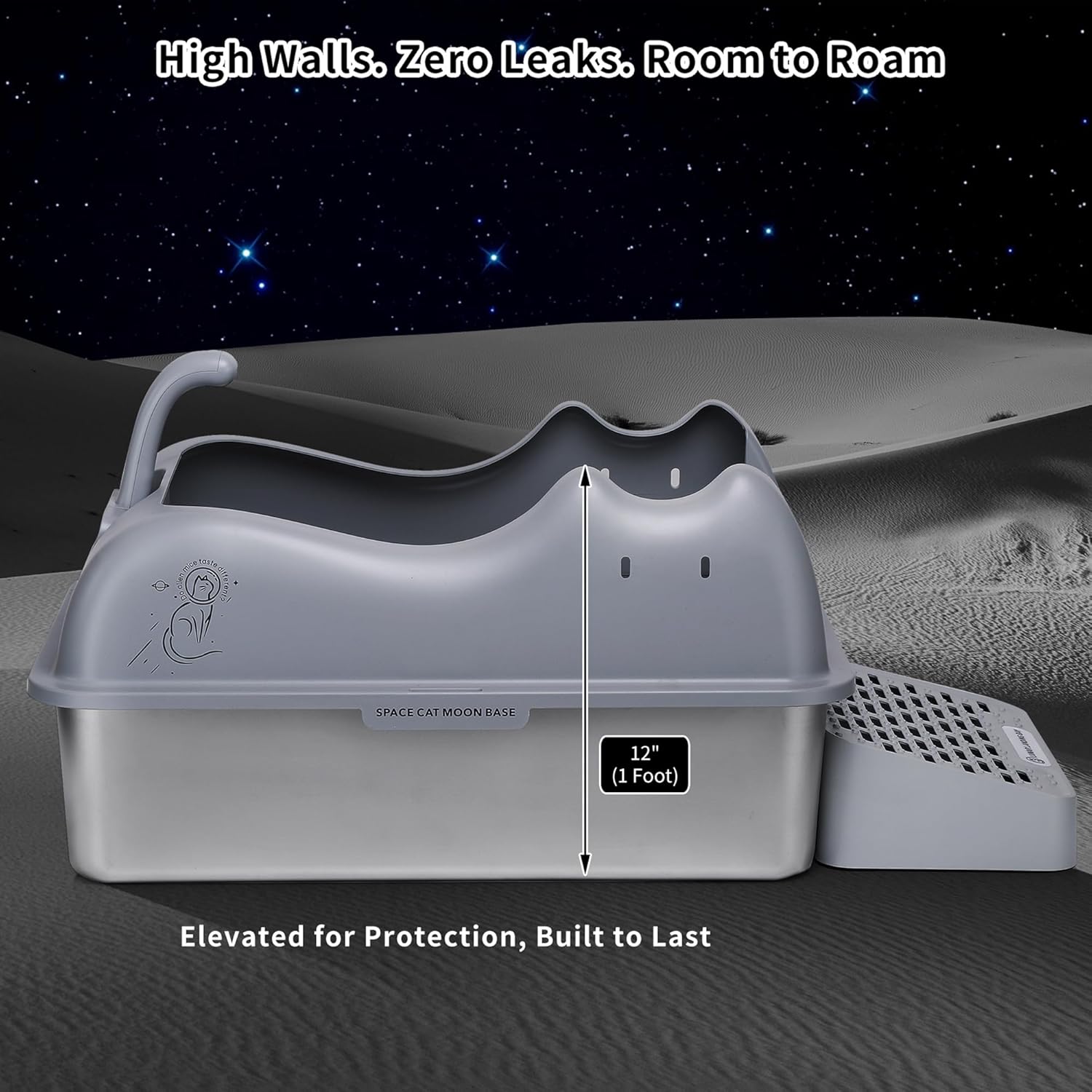 XL Stainless Steel Litter Box with Lid - Covered, High Sides, Non-Stick, Semi-Enclosed, Extra Large for Big Cats, Odor-Free, Includes Scoop & Cloth, Inspired by Lunar Mission