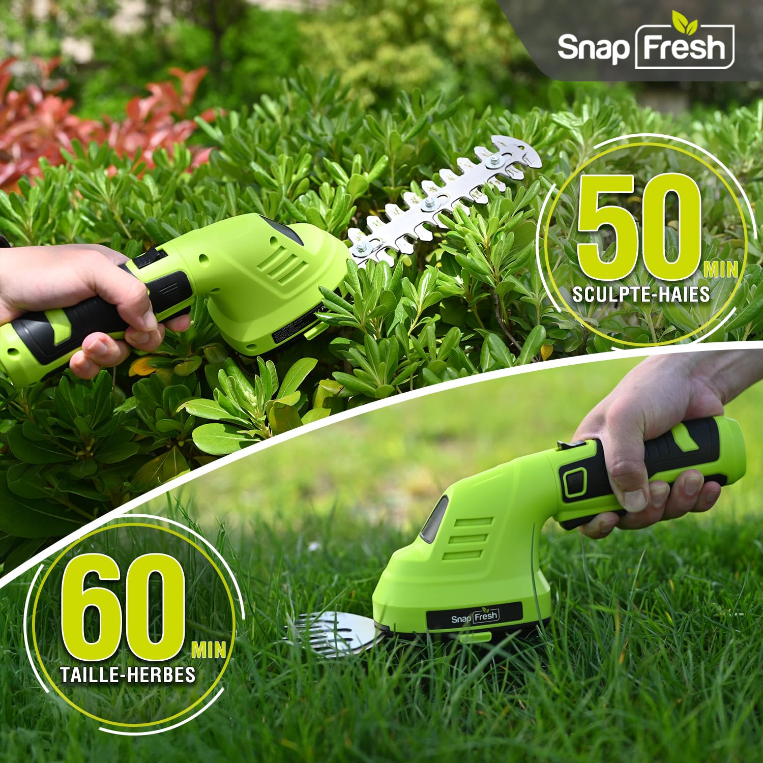 SnapFresh Mini Taille Haie sans Fil 8V Poignée Rotative Cisaille à Gazon avec Batterie 2 Lames CÂBLE USB-C 151mm 98mm