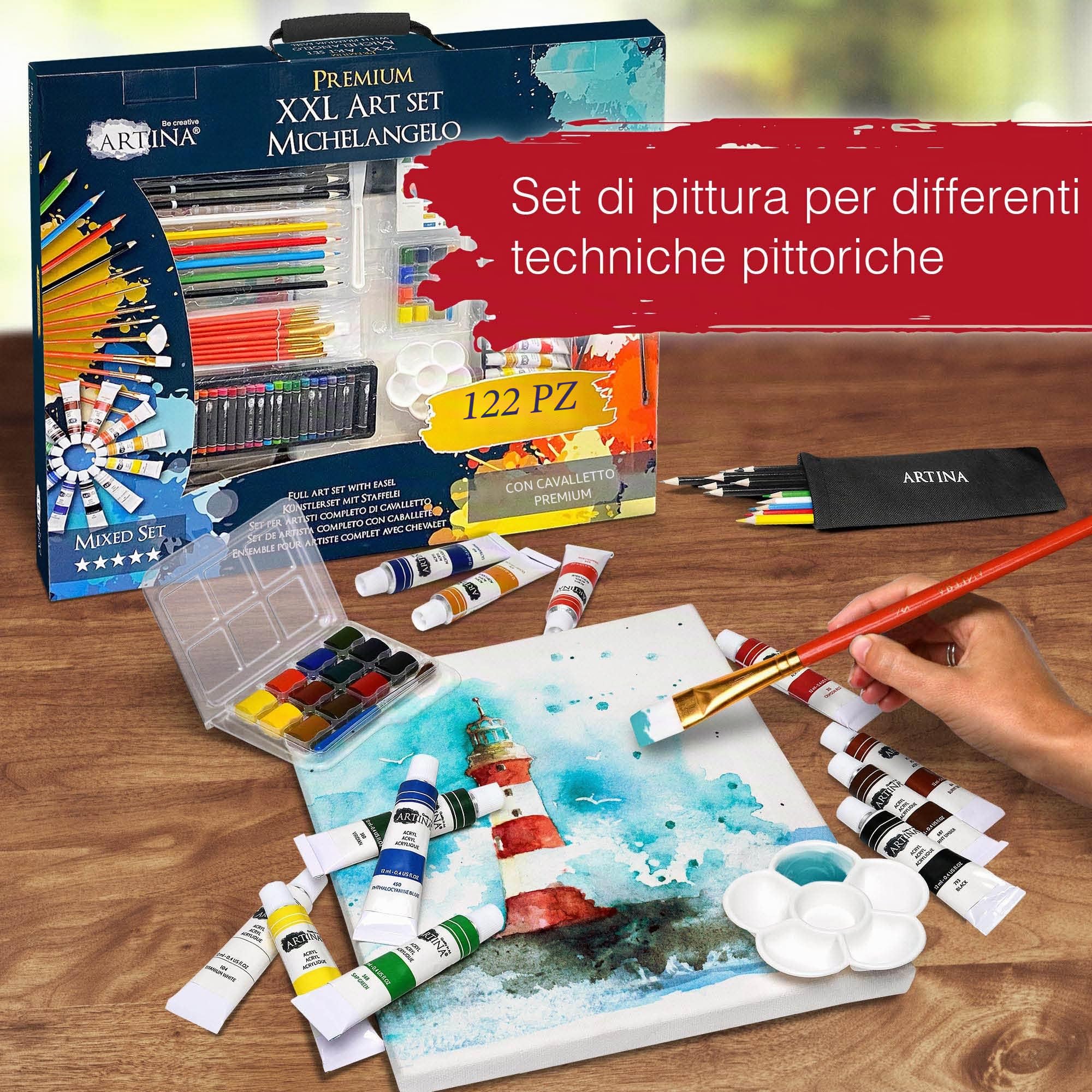 Artina XXL 111+11 Pezzi Set Pittura con Cavalletto Tavolo per Dipingere – Colori Acrilici, Acquerelli, Pastelli, Tela, Pennelli – Kit Pittura Adulti Bambini – Regalo di Natale Creativo – Michelangelo