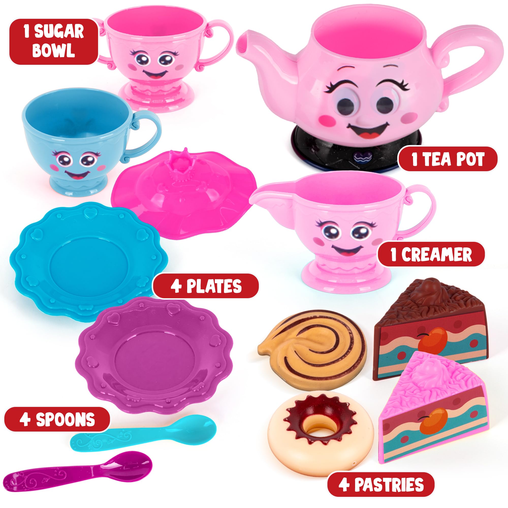 ArtCreativity Musical Tea Set for Girls - 19-Piece Girls Tea Party Set -Toddler Tea Set with Motion-Activated Pouring Sound, Music, and Flashing Lights for Kids Ages 3 4 5 6
