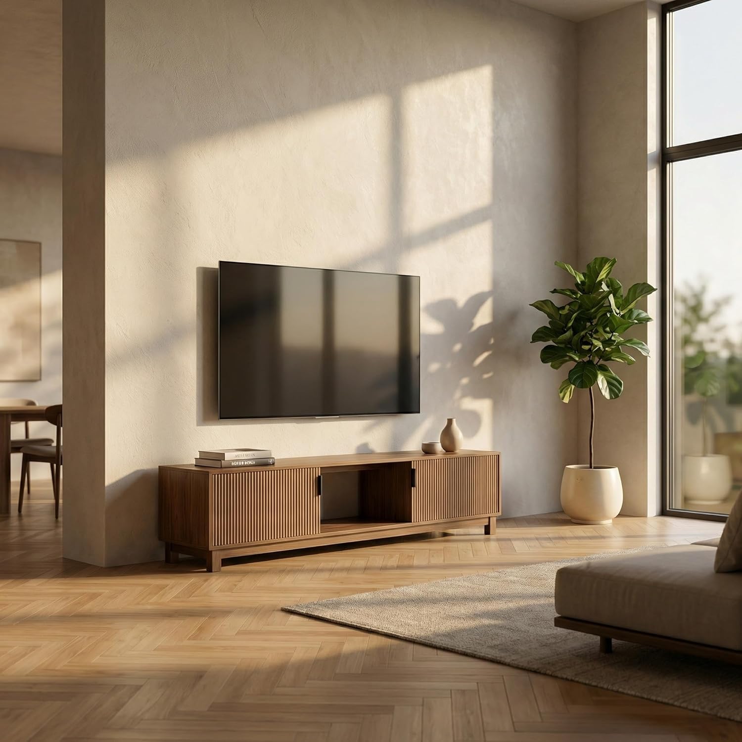 70" Fluted TV Stand for TVs up to 75 inch, Mid Century Modern Entertainment Center with 2 Hinged Doors & Open Shelves, Boho Media Console with Adjustable Shelves for Living Room, Walnut